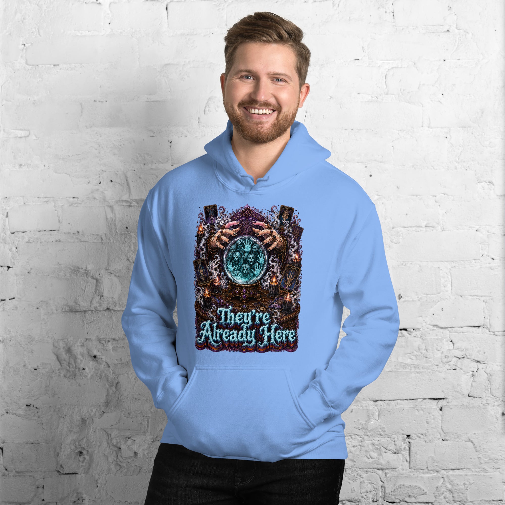 Horror and Mystery Lovers Unisex Heavy Blend Hoodie — "They're Already Here" Fortune Teller Crystal Ball and Tarot Design by printfluence.net