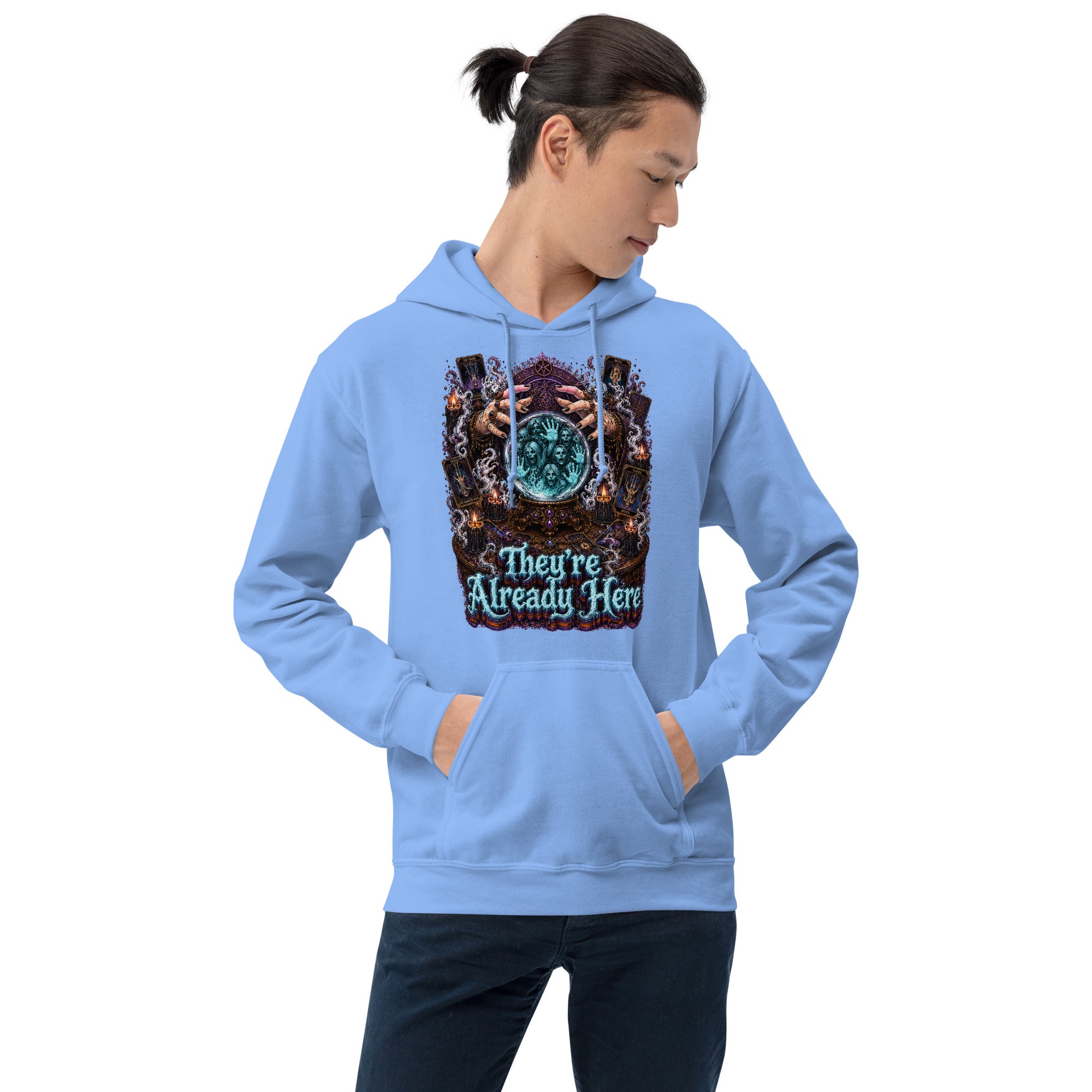Horror and Mystery Lovers Unisex Heavy Blend Hoodie — "They're Already Here" Fortune Teller Crystal Ball and Tarot Design by printfluence.net
