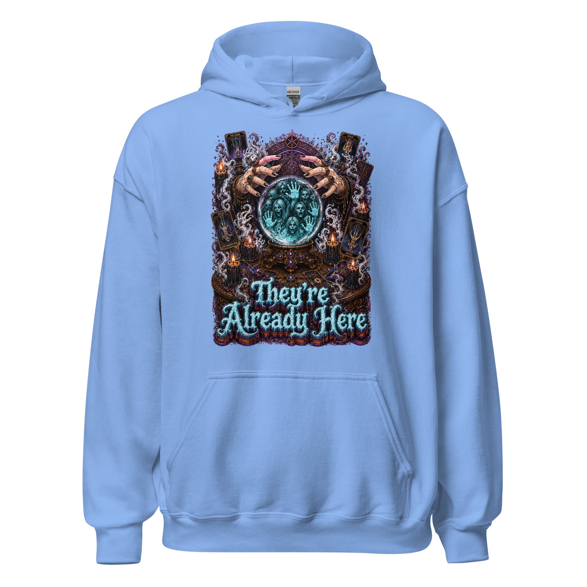 Horror and Mystery Lovers Unisex Heavy Blend Hoodie — "They're Already Here" Fortune Teller Crystal Ball and Tarot Design by printfluence.net