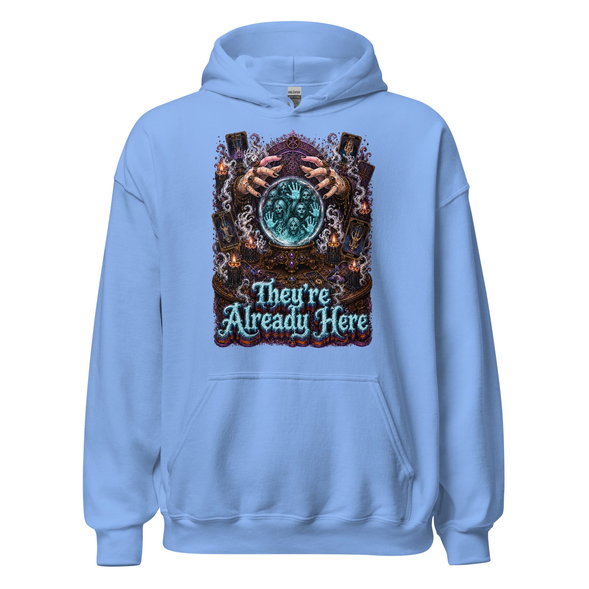 Horror and Mystery Lovers Unisex Heavy Blend Hoodie — "They're Already Here" Fortune Teller Crystal Ball and Tarot Design by printfluence.net