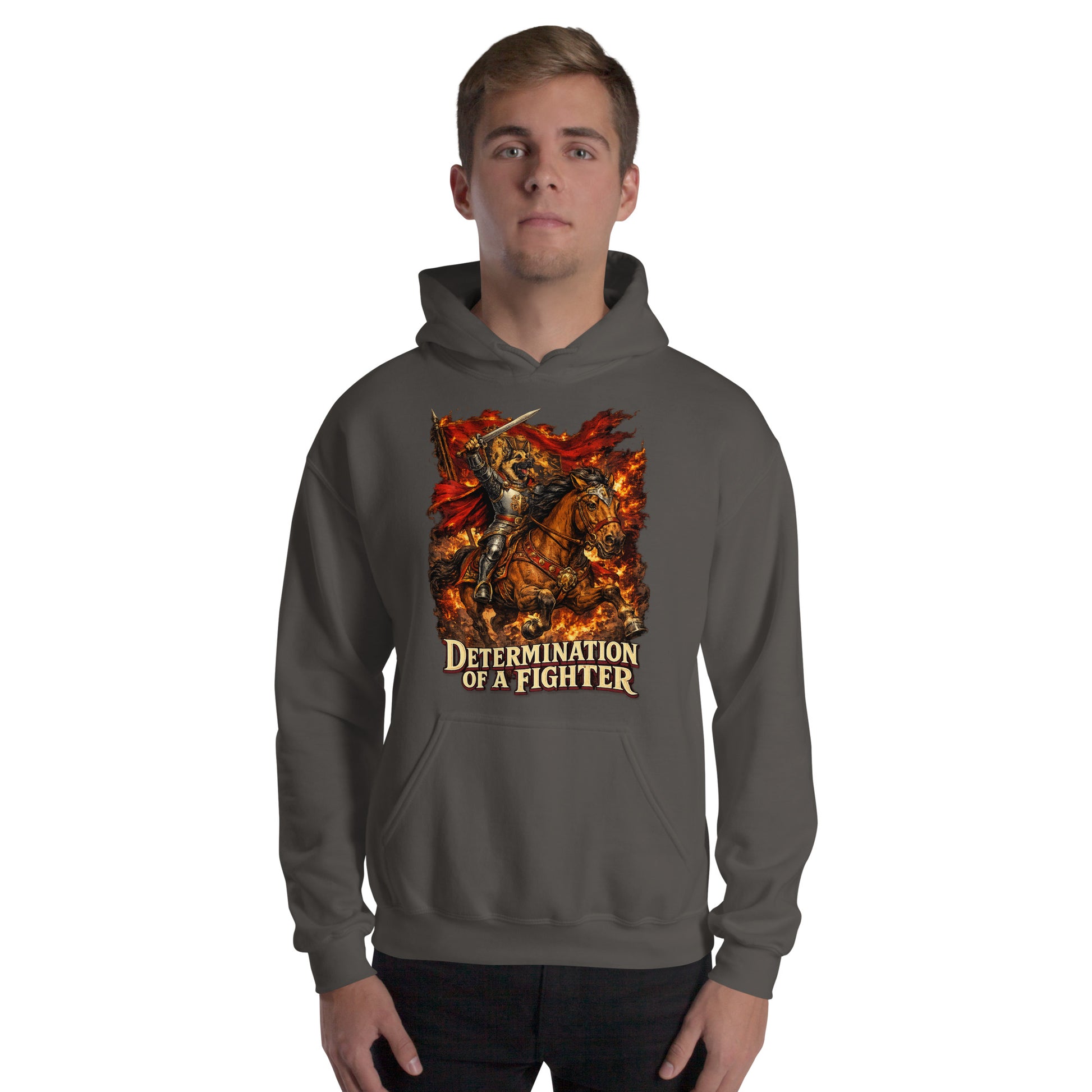 German Shepherd Lovers Unisex Hoodie | "Determination of a Fighter" Medieval Knight Graphic Sweatshirt by printfluence.net