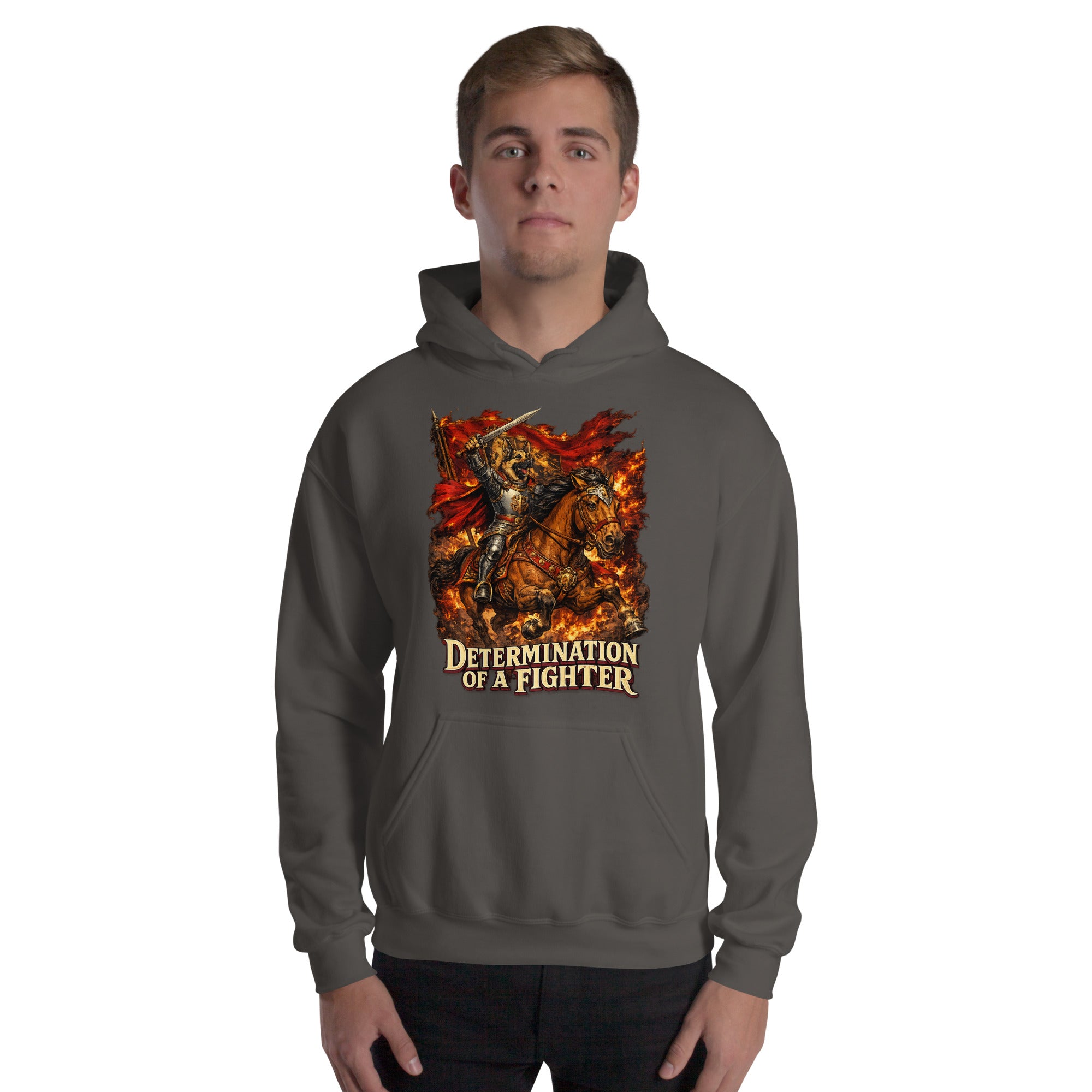 German Shepherd Lovers Unisex Hoodie | "Determination of a Fighter" Medieval Knight Graphic Sweatshirt by printfluence.net