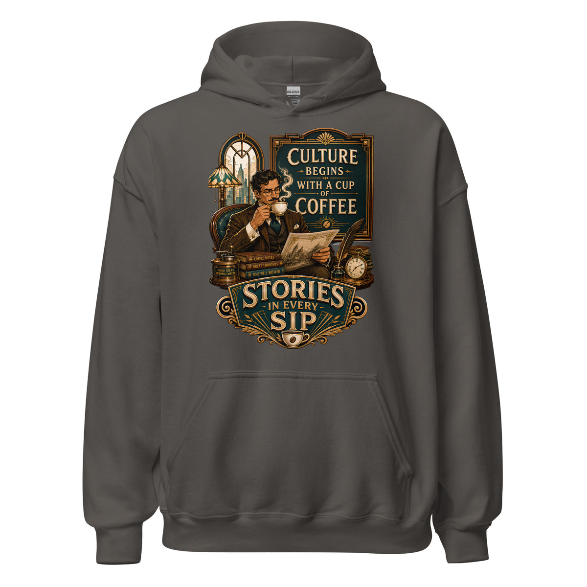 Coffee Lovers Unisex Hoodie Stories in Every Sip – Vintage Gentleman & Intellectual Coffee Graphic Pullover by printfluence.net