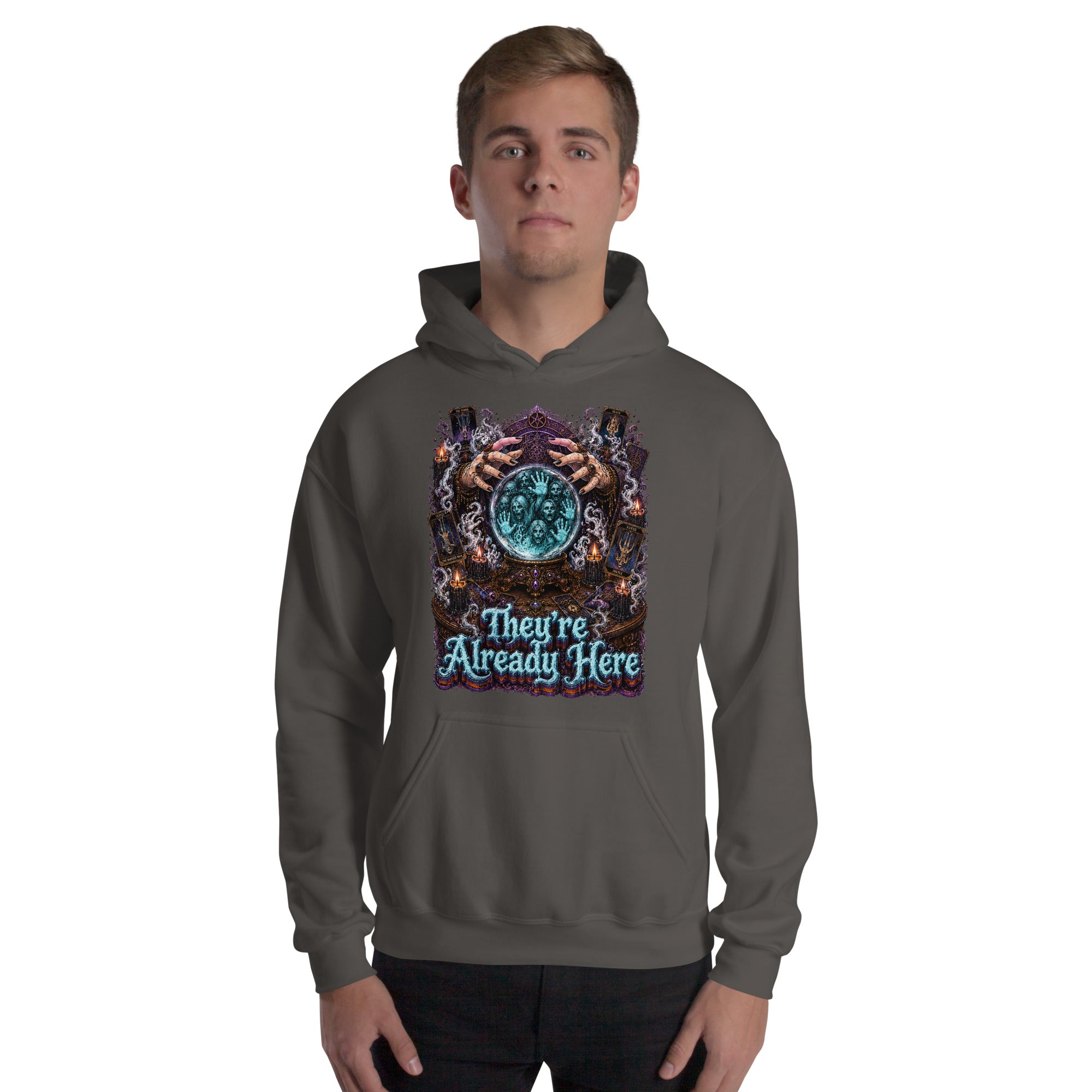 Horror and Mystery Lovers Unisex Heavy Blend Hoodie — "They're Already Here" Fortune Teller Crystal Ball and Tarot Design by printfluence.net