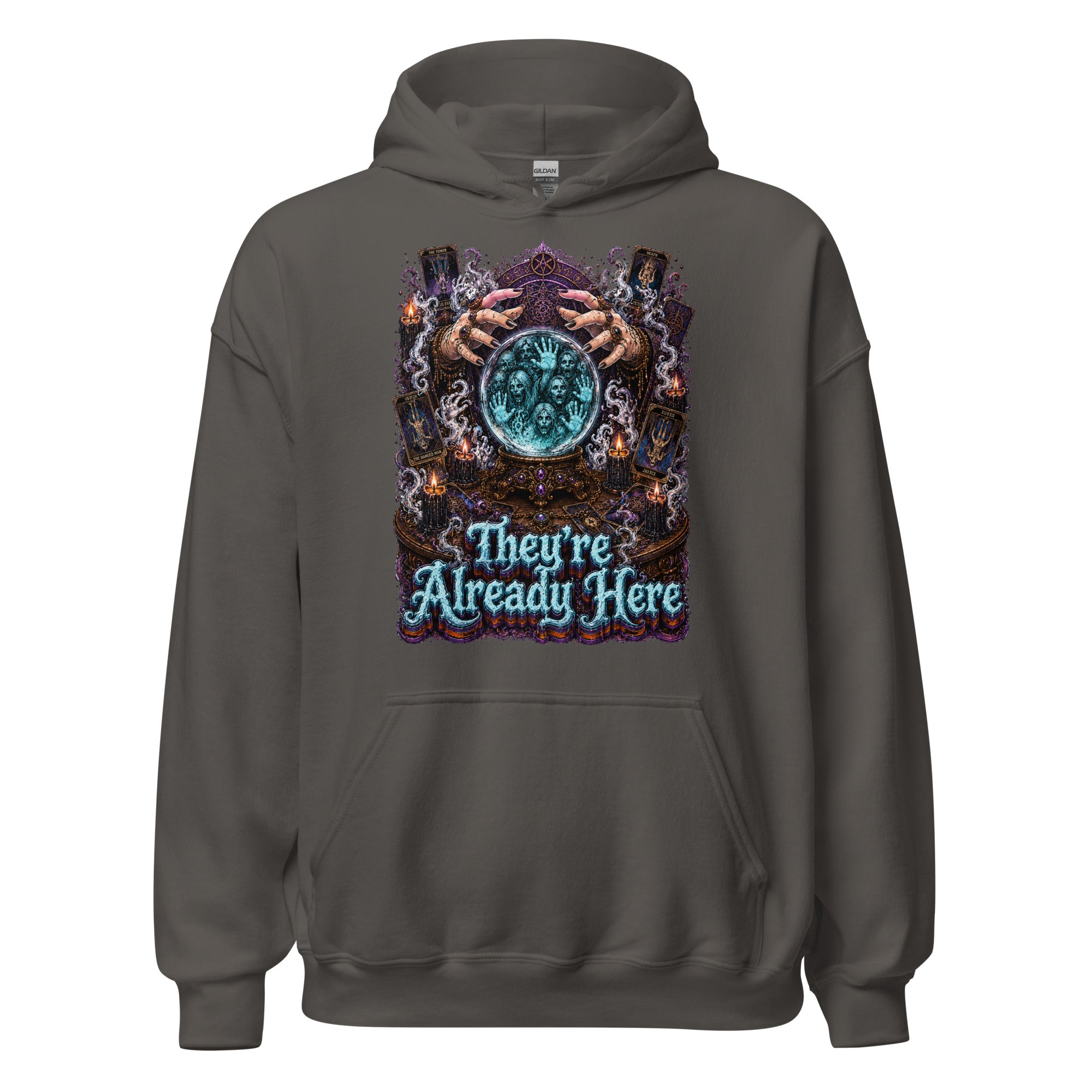 Horror and Mystery Lovers Unisex Heavy Blend Hoodie — "They're Already Here" Fortune Teller Crystal Ball and Tarot Design by printfluence.net