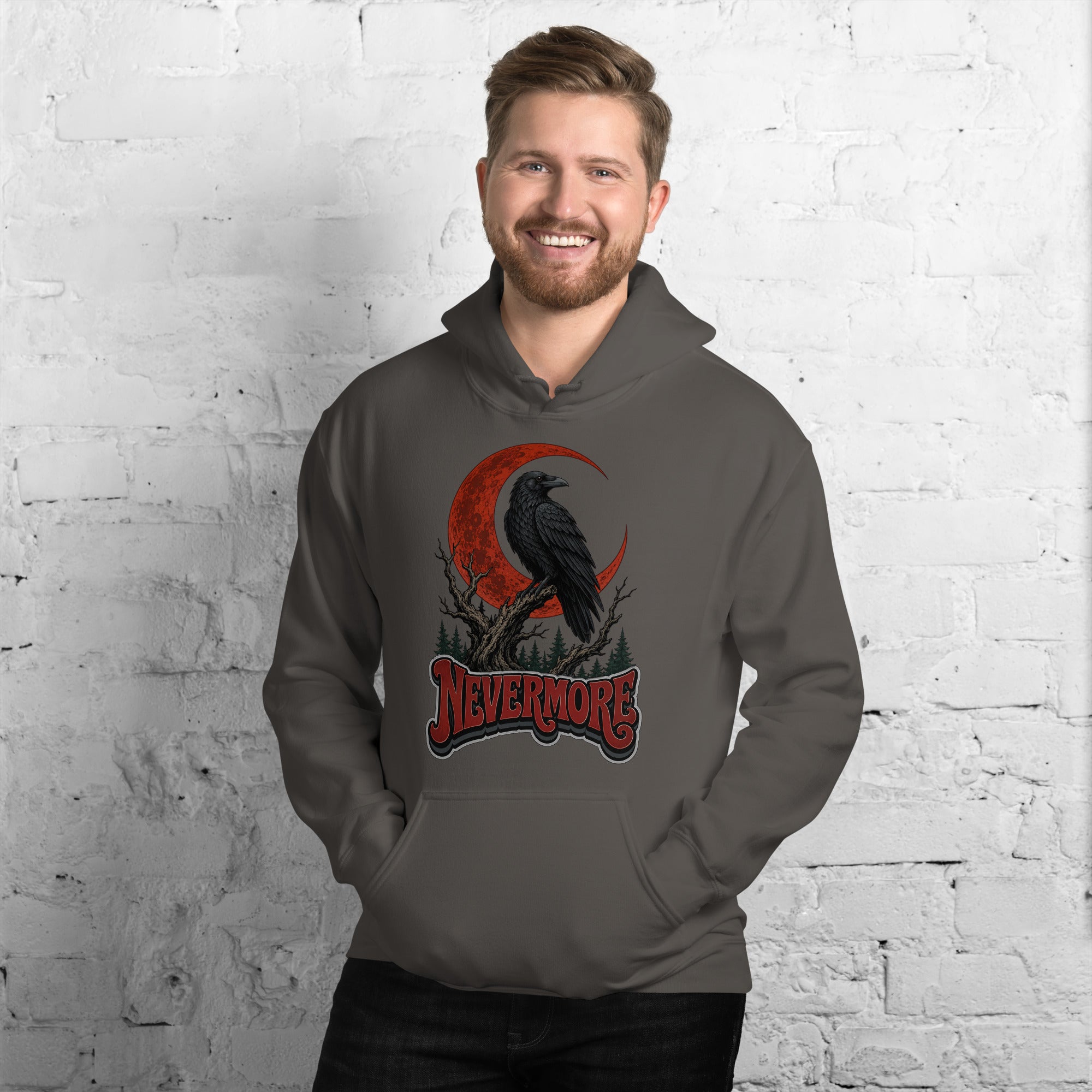 Horror & Mystery Lovers Unisex Heavy Blend Hoodie — "Nevermore" Blood Moon Raven and Dead Tree Design by printfluence.net