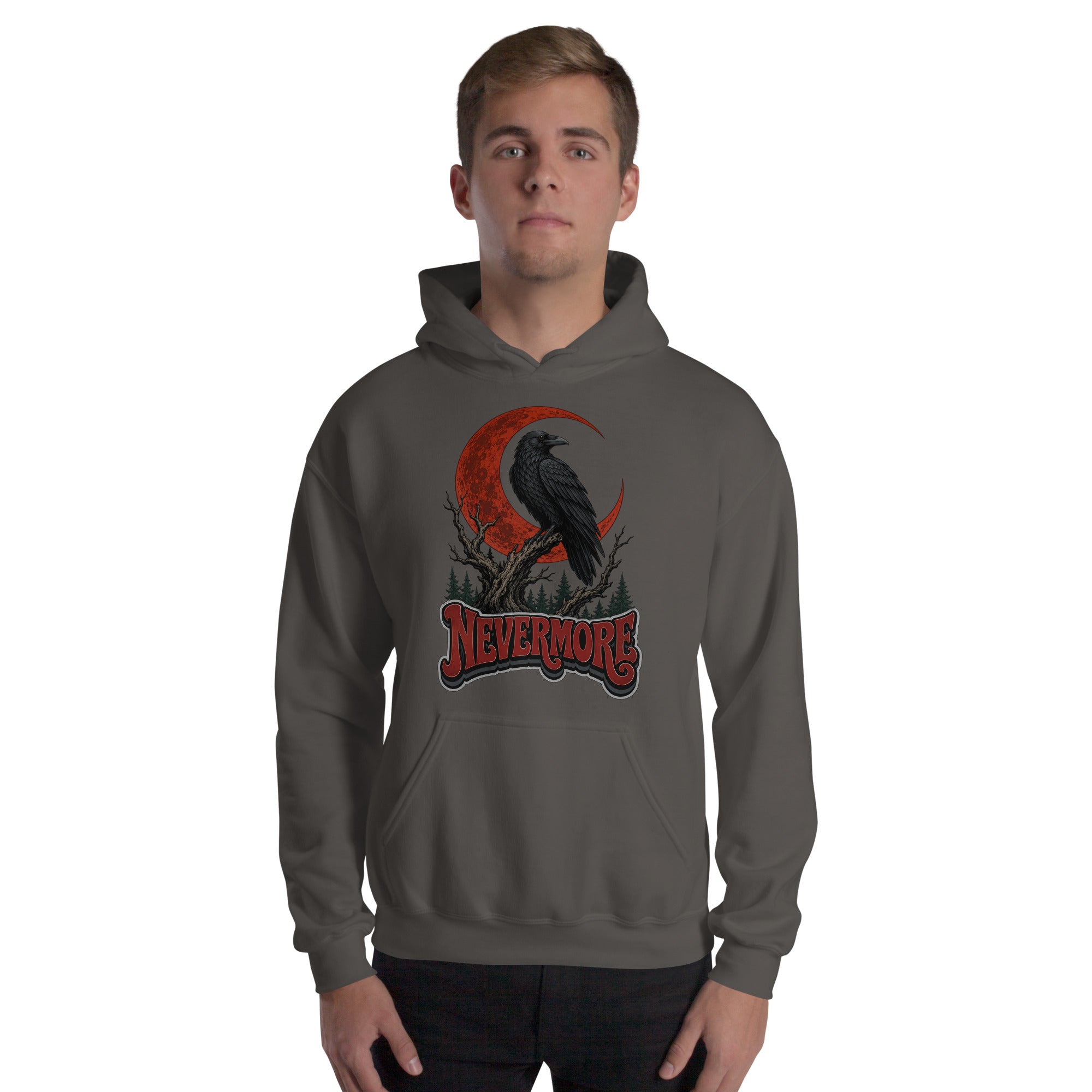 Horror & Mystery Lovers Unisex Heavy Blend Hoodie — "Nevermore" Blood Moon Raven and Dead Tree Design by printfluence.net