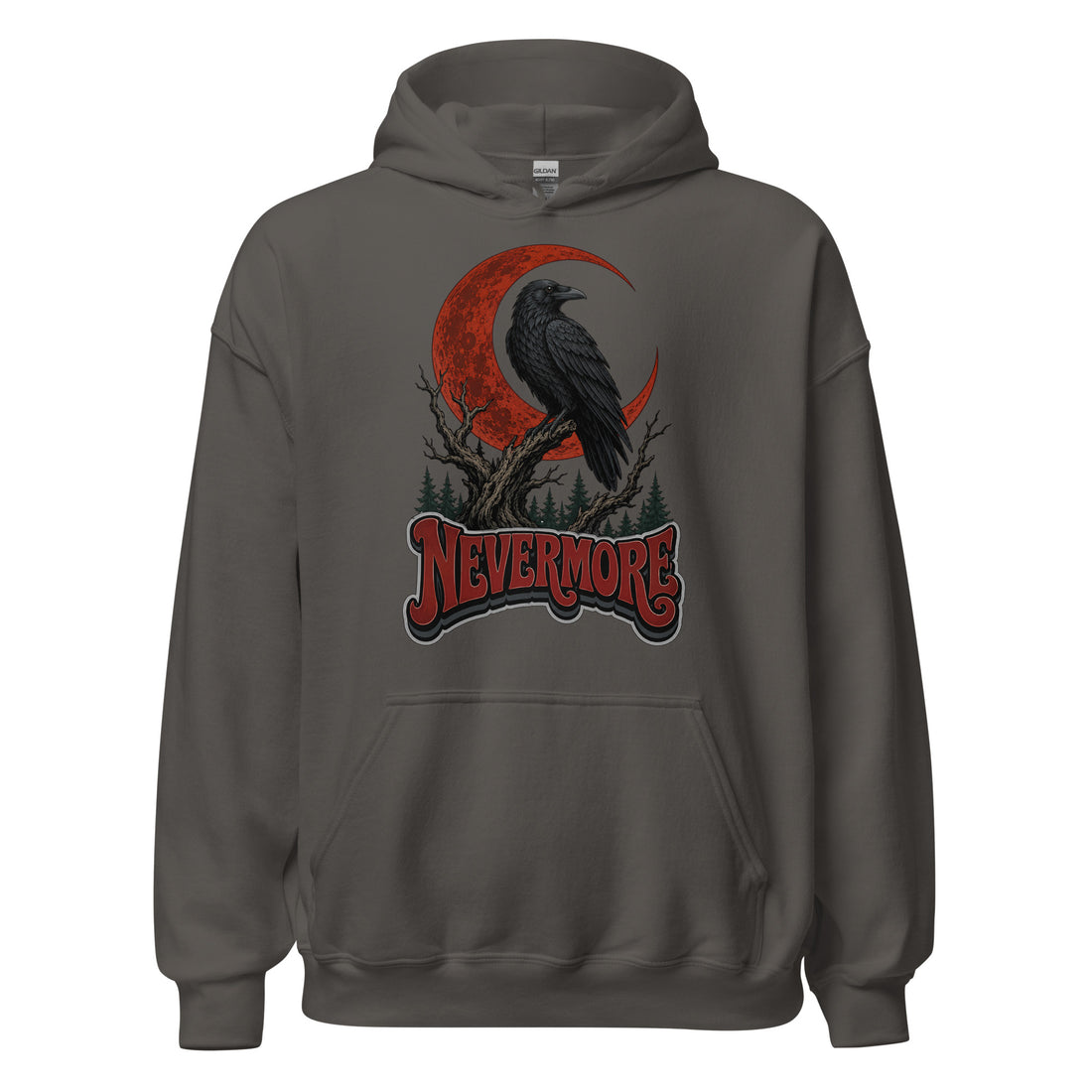 Horror & Mystery Lovers Unisex Heavy Blend Hoodie — "Nevermore" Blood Moon Raven and Dead Tree Design by printfluence.net
