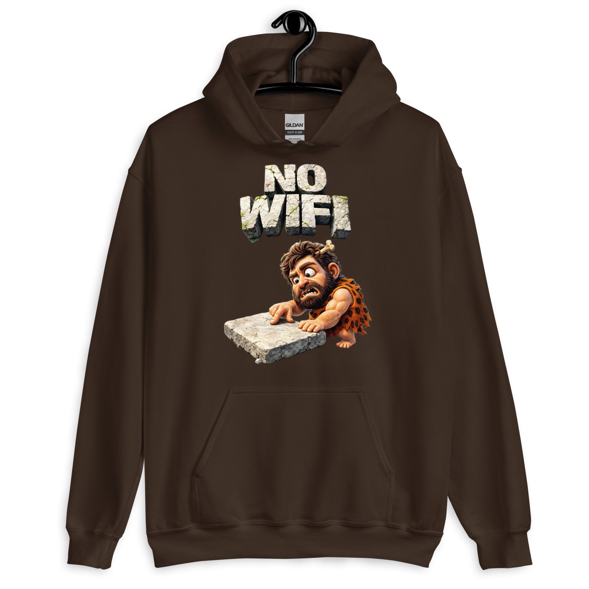 Unisex Hoodie - Prehistoric Struggle: "NO WIFI" Funny Caveman Unisex Hoodie 🦴📴 by printfluence.net