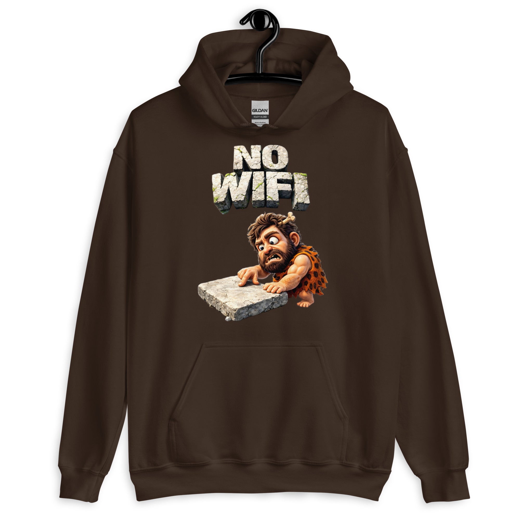 Unisex Hoodie - Prehistoric Struggle: "NO WIFI" Funny Caveman Unisex Hoodie 🦴📴 by printfluence.net