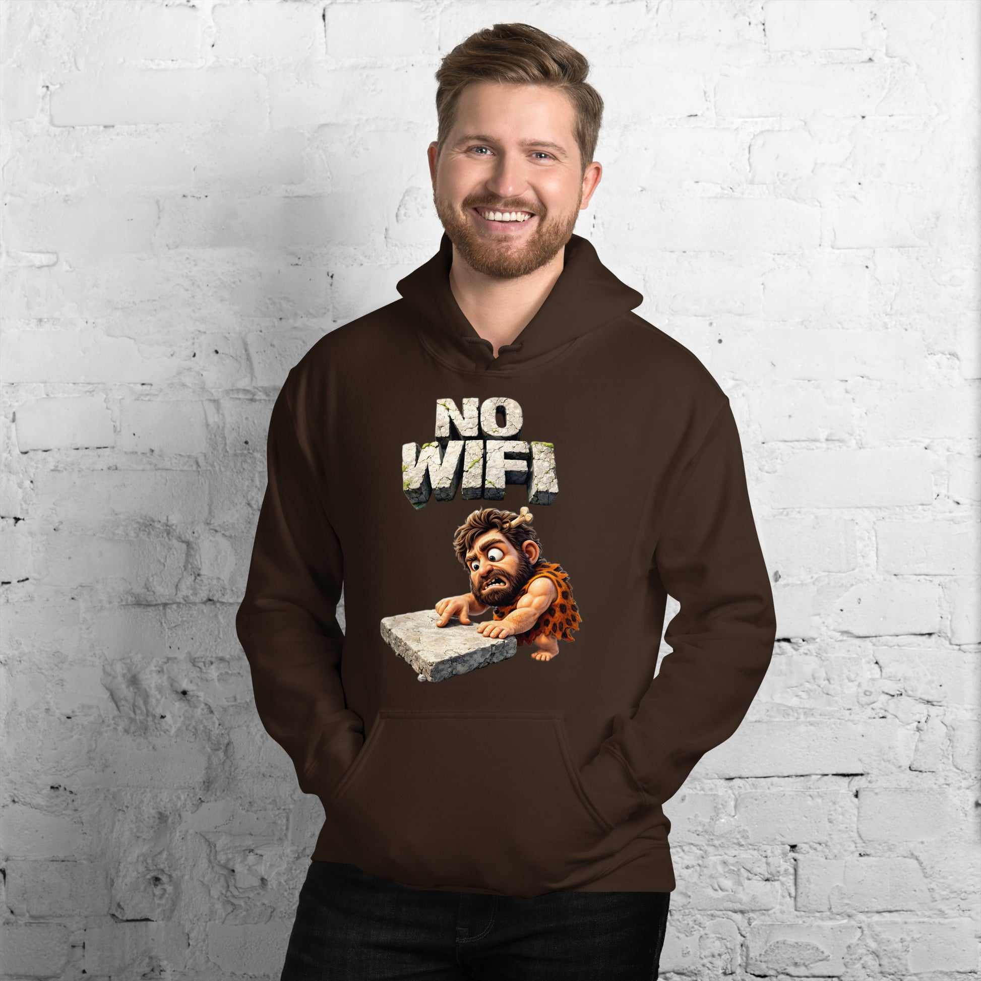 Unisex Hoodie - Prehistoric Struggle: "NO WIFI" Funny Caveman Unisex Hoodie 🦴📴 by printfluence.net