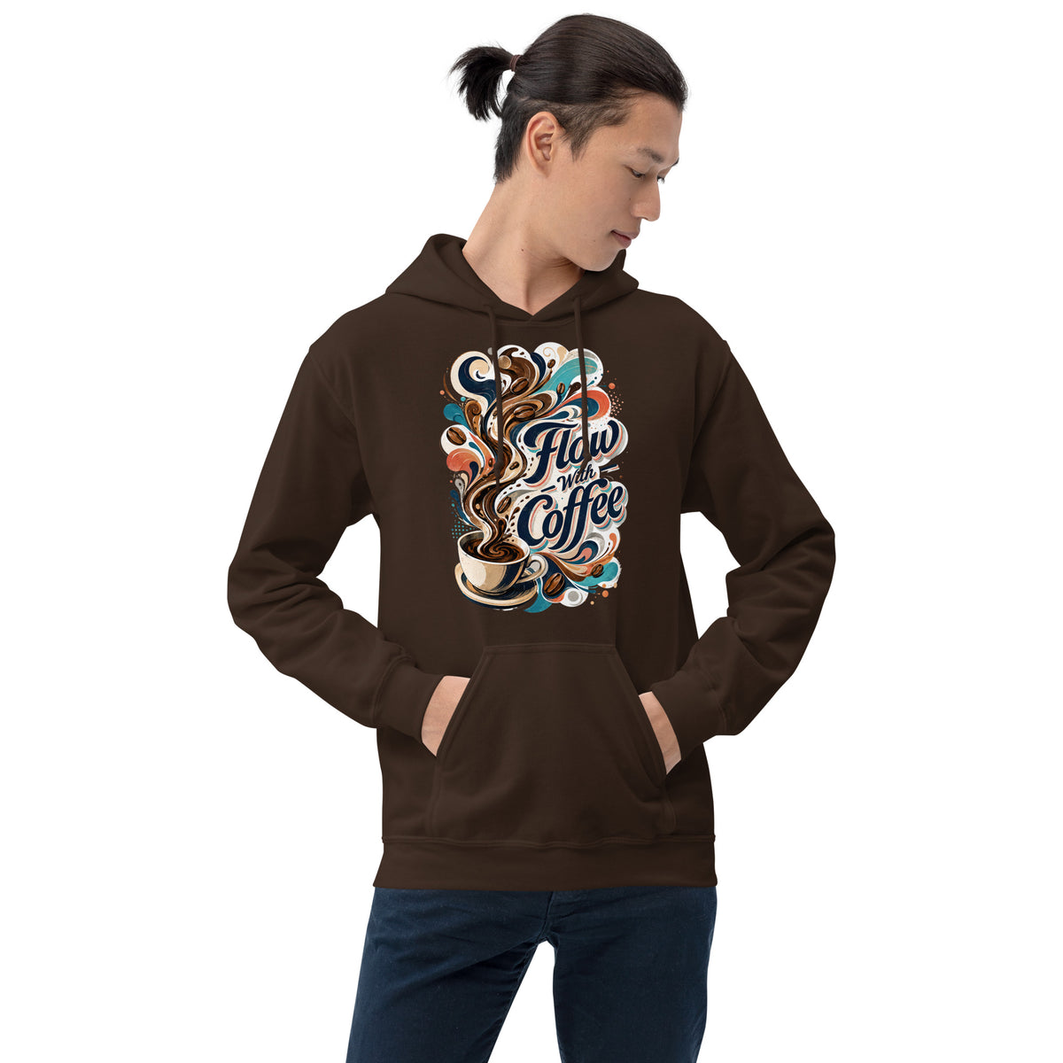 Coffee Lovers Unisex Hoodie Flow with Coffee – Abstract Swirl & Coffee Bean Graphic Pullover by printfluence.net