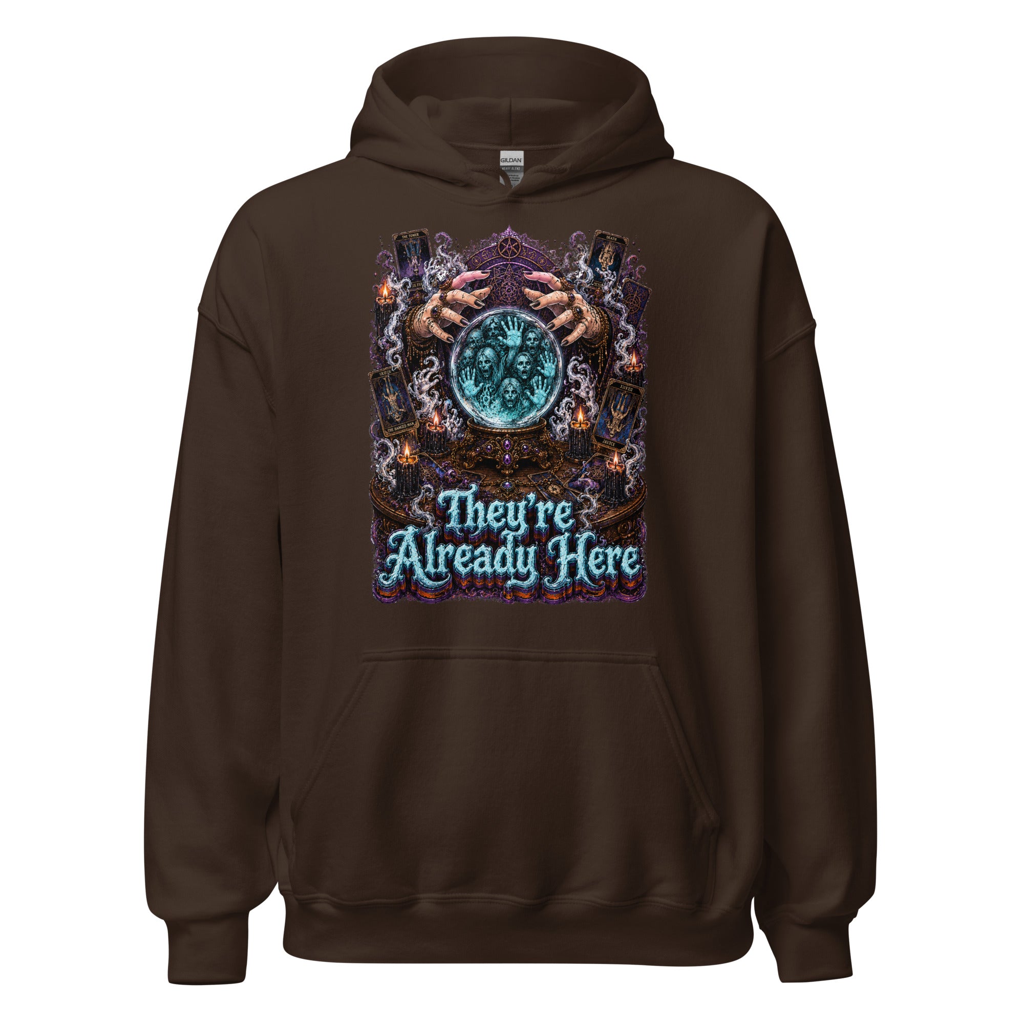 Horror and Mystery Lovers Unisex Heavy Blend Hoodie — "They're Already Here" Fortune Teller Crystal Ball and Tarot Design by printfluence.net