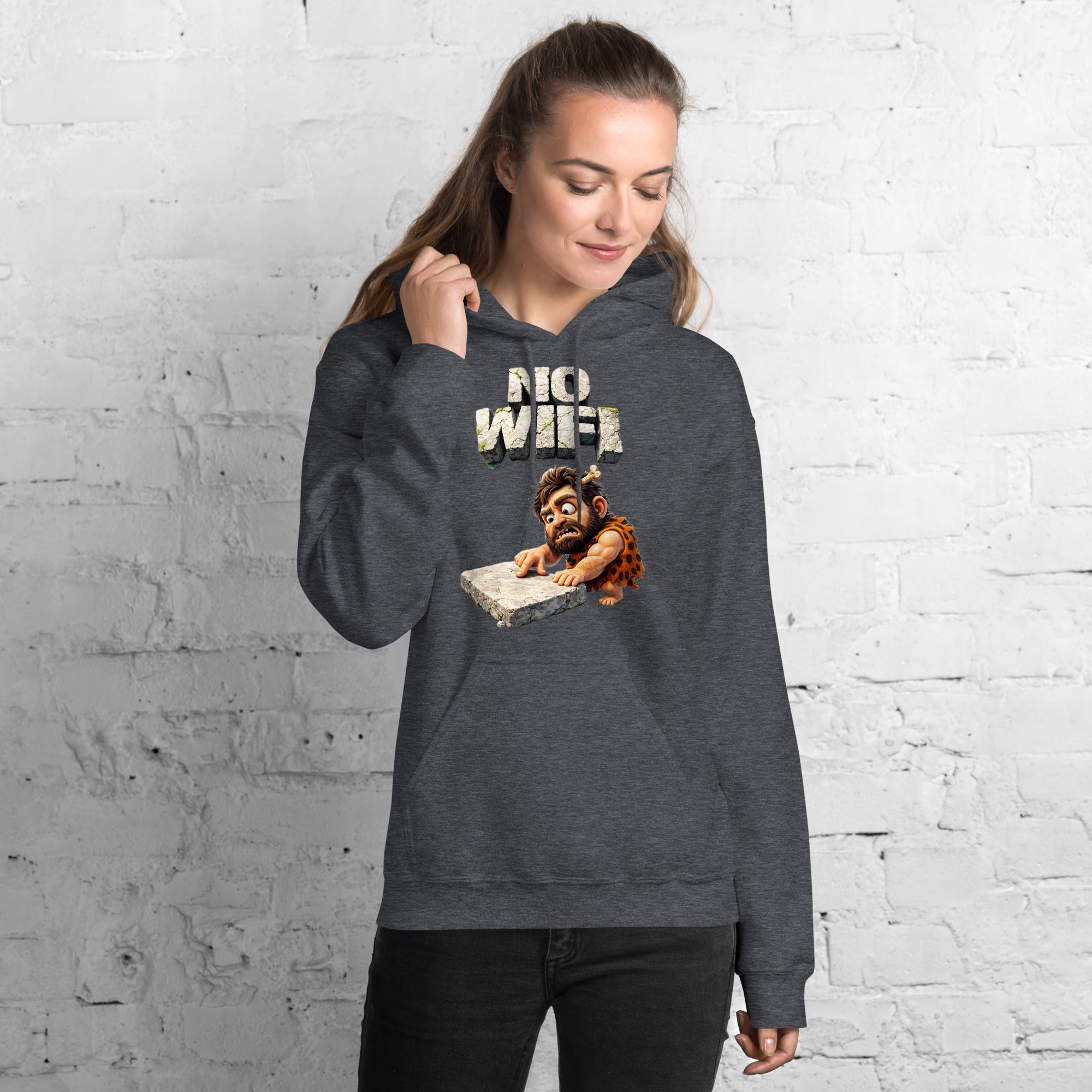 Unisex Hoodie - Prehistoric Struggle: "NO WIFI" Funny Caveman Unisex Hoodie 🦴📴 by printfluence.net