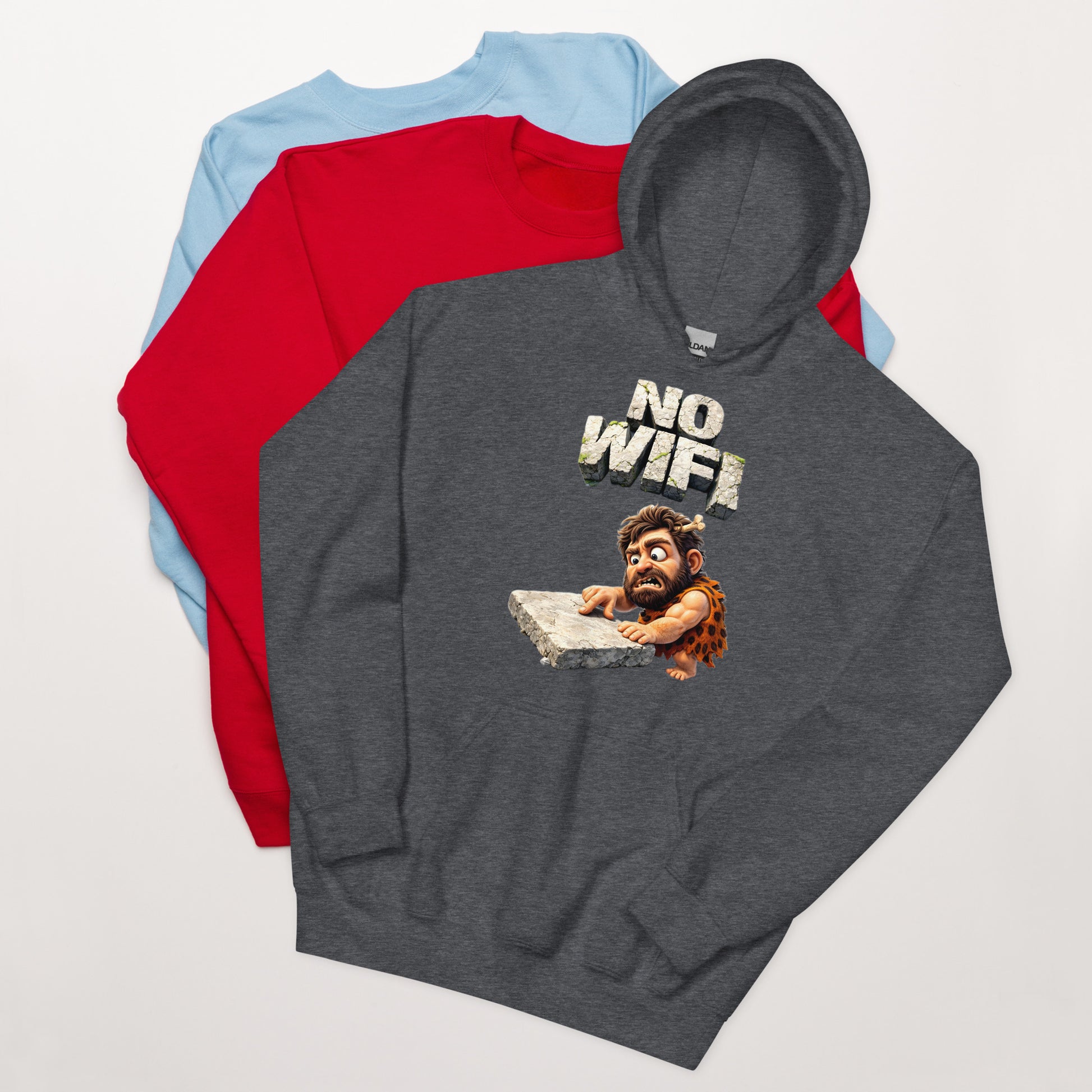 Unisex Hoodie - Prehistoric Struggle: "NO WIFI" Funny Caveman Unisex Hoodie 🦴📴 by printfluence.net