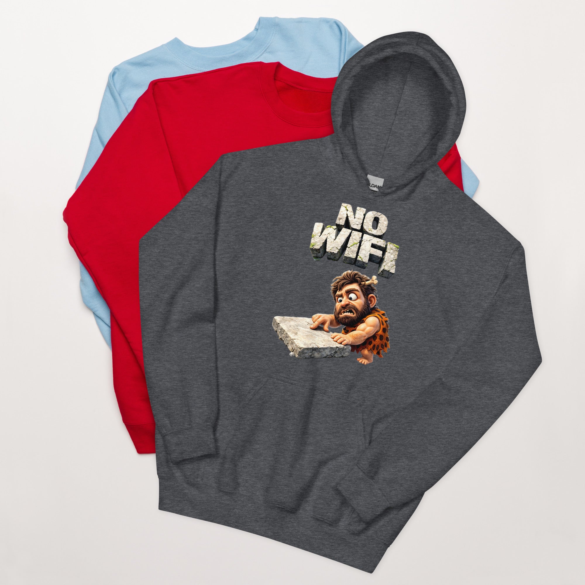 Unisex Hoodie - Prehistoric Struggle: "NO WIFI" Funny Caveman Unisex Hoodie 🦴📴 by printfluence.net