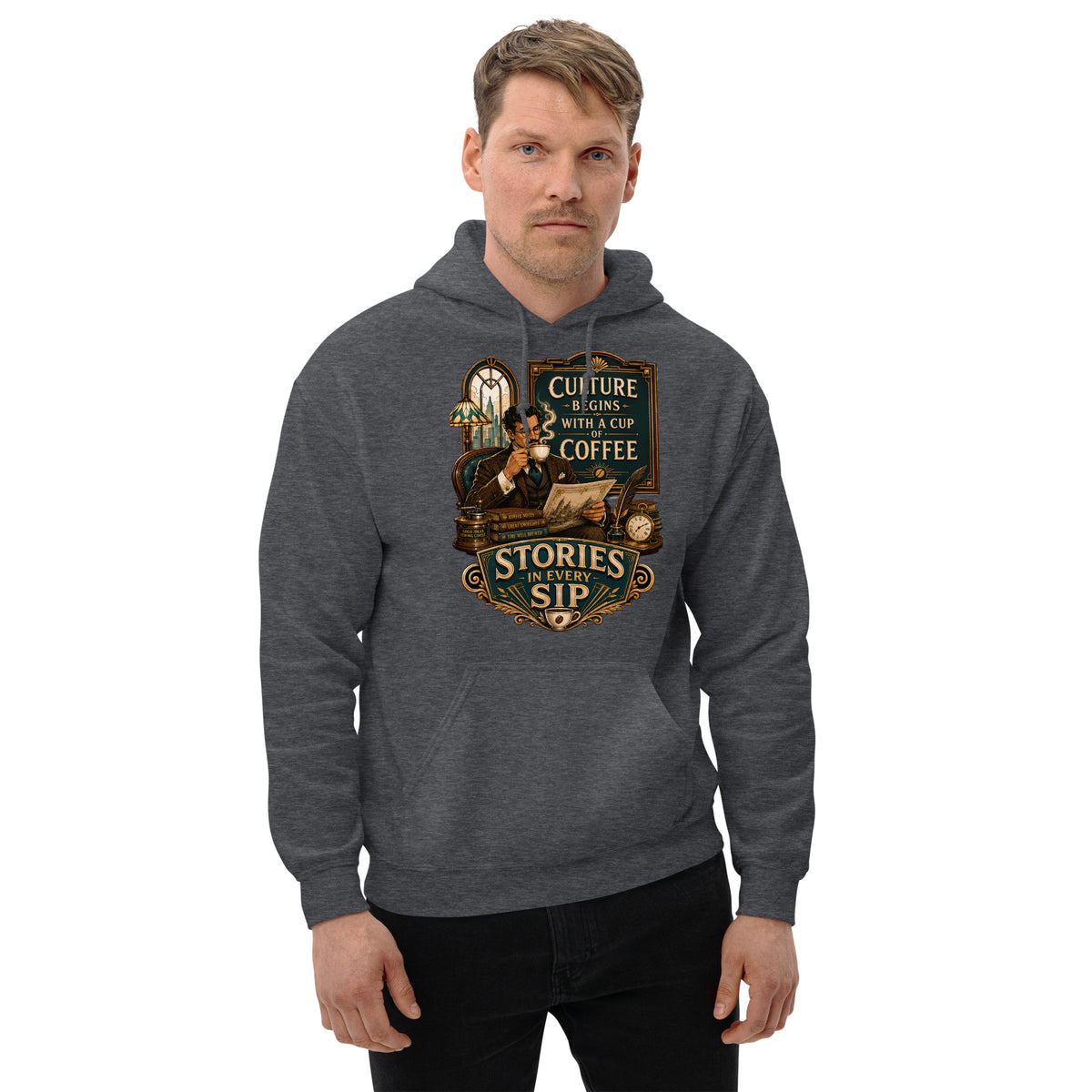 Coffee Lovers Unisex Hoodie Stories in Every Sip – Vintage Gentleman & Intellectual Coffee Graphic Pullover by printfluence.net