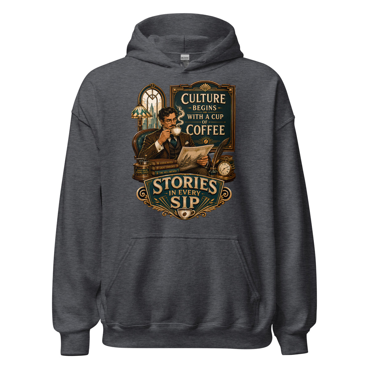 Coffee Lovers Unisex Hoodie Stories in Every Sip – Vintage Gentleman & Intellectual Coffee Graphic Pullover by printfluence.net
