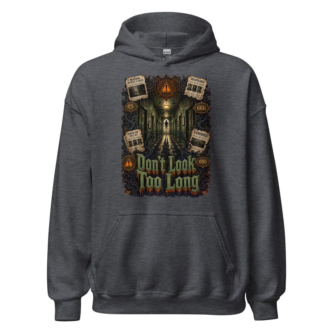 Horror and Mystery Lovers Unisex Heavy Blend Hoodie — "Don't Look Too Long" Creepy Hallway and Missing Persons Design by printfluence.net
