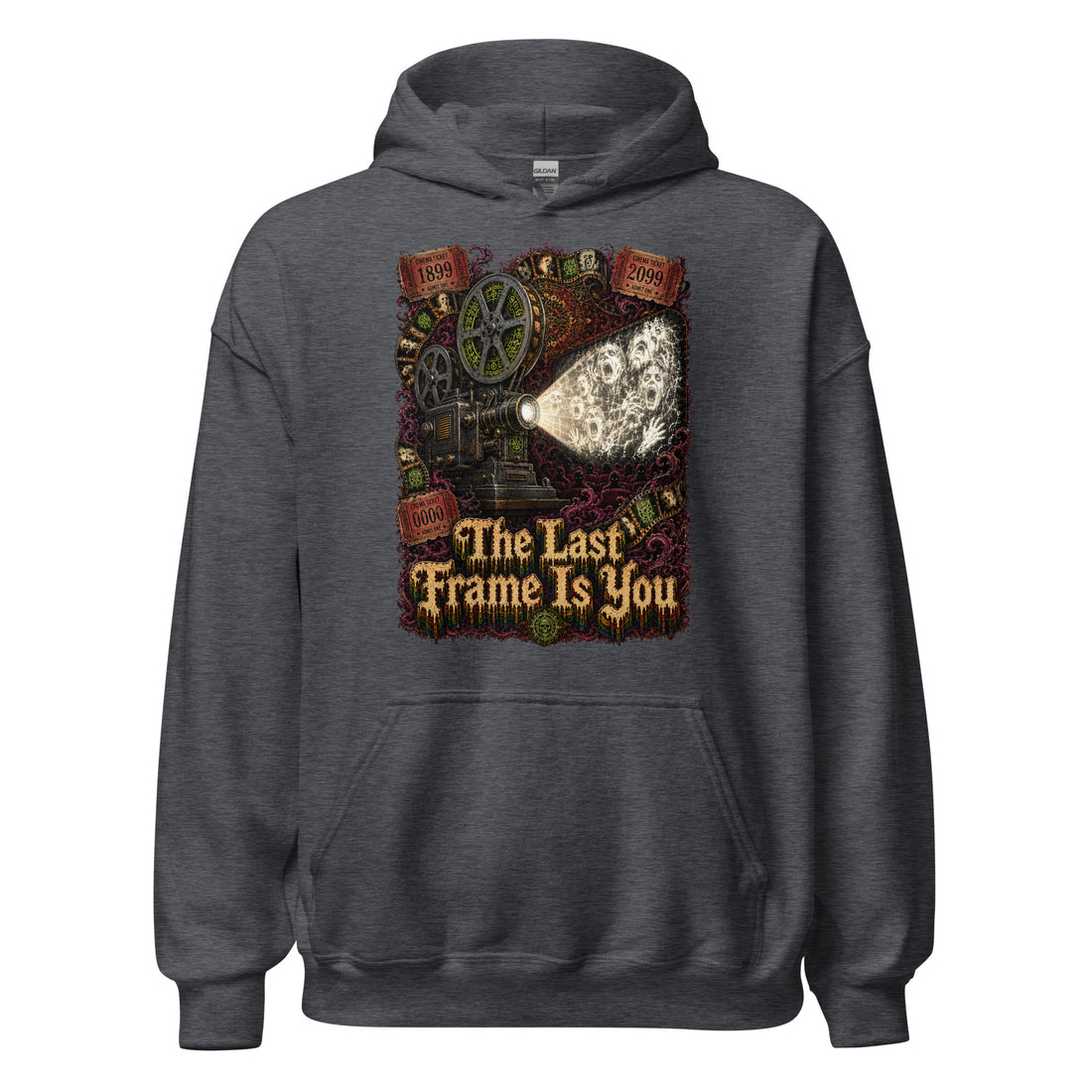 Horror and Mystery Lovers Unisex Heavy Blend Hoodie — "The Last Frame Is You" Haunted Vintage Projector and Cinema Horror Design by printfluence.net