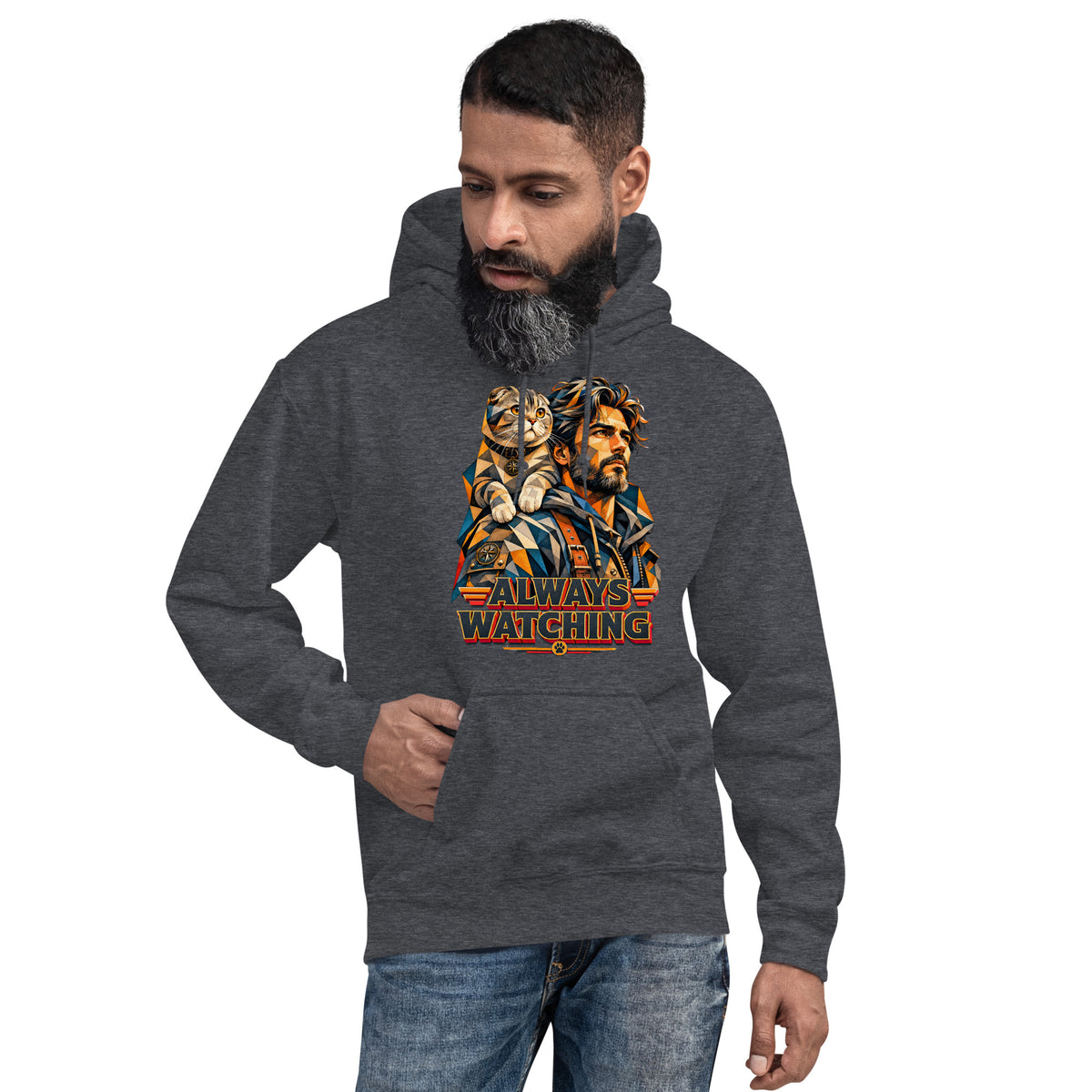Cat Lovers Unisex Heavy Blend Hoodie – Scottish Fold "Always Watching" Geometric Cat Design by printfluence.net