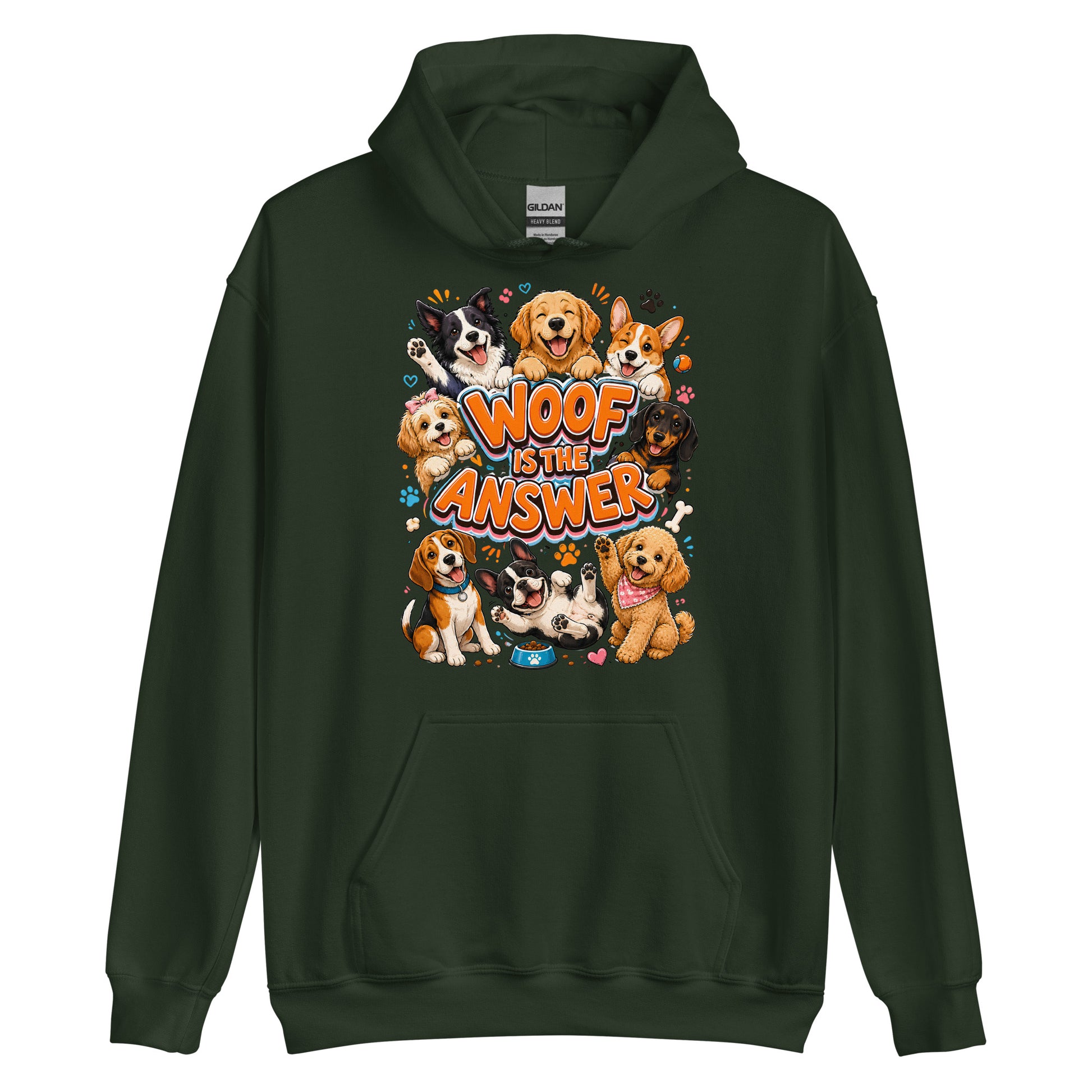 Woof is the Answer Cute Multi-Breed Puppy Unisex Hoodie - Happy Dog Lover Graphic Pullover Sweatshirt by printfluence.net