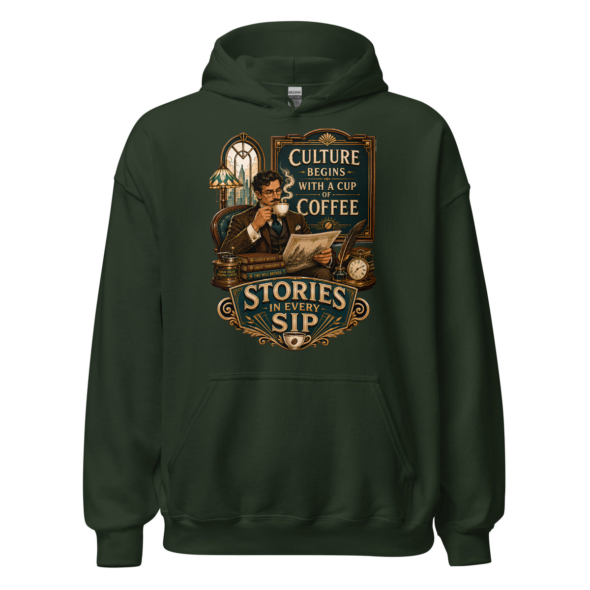 Coffee Lovers Unisex Hoodie Stories in Every Sip – Vintage Gentleman & Intellectual Coffee Graphic Pullover by printfluence.net