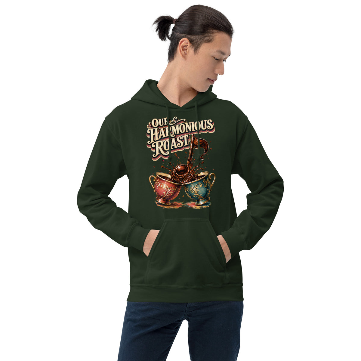 Coffee Lovers Unisex Hoodie Our Harmonious Roast – Musical Coffee Cups & Splatter Graphic Pullover by printfluence.net