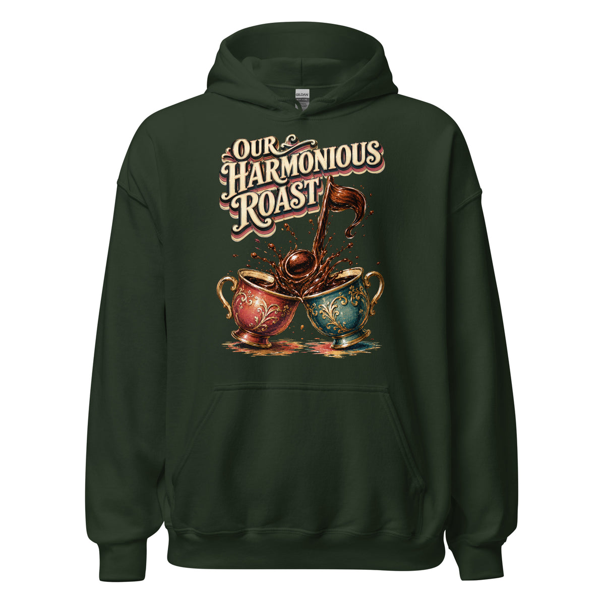 Coffee Lovers Unisex Hoodie Our Harmonious Roast – Musical Coffee Cups & Splatter Graphic Pullover by printfluence.net