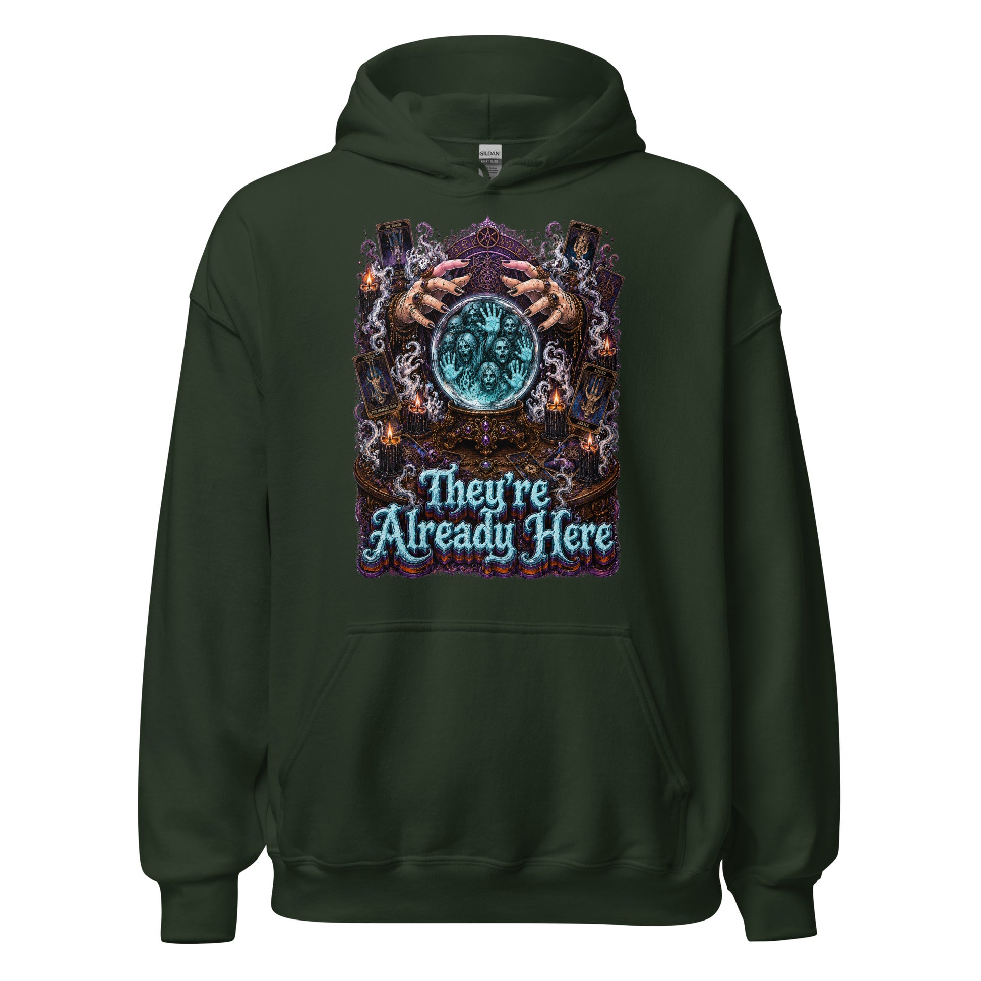 Horror and Mystery Lovers Unisex Heavy Blend Hoodie — "They're Already Here" Fortune Teller Crystal Ball and Tarot Design by printfluence.net