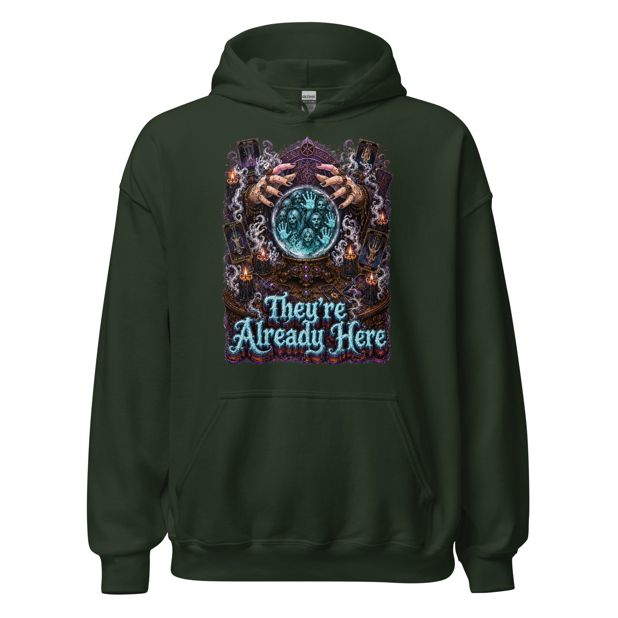 Horror and Mystery Lovers Unisex Heavy Blend Hoodie — "They're Already Here" Fortune Teller Crystal Ball and Tarot Design by printfluence.net