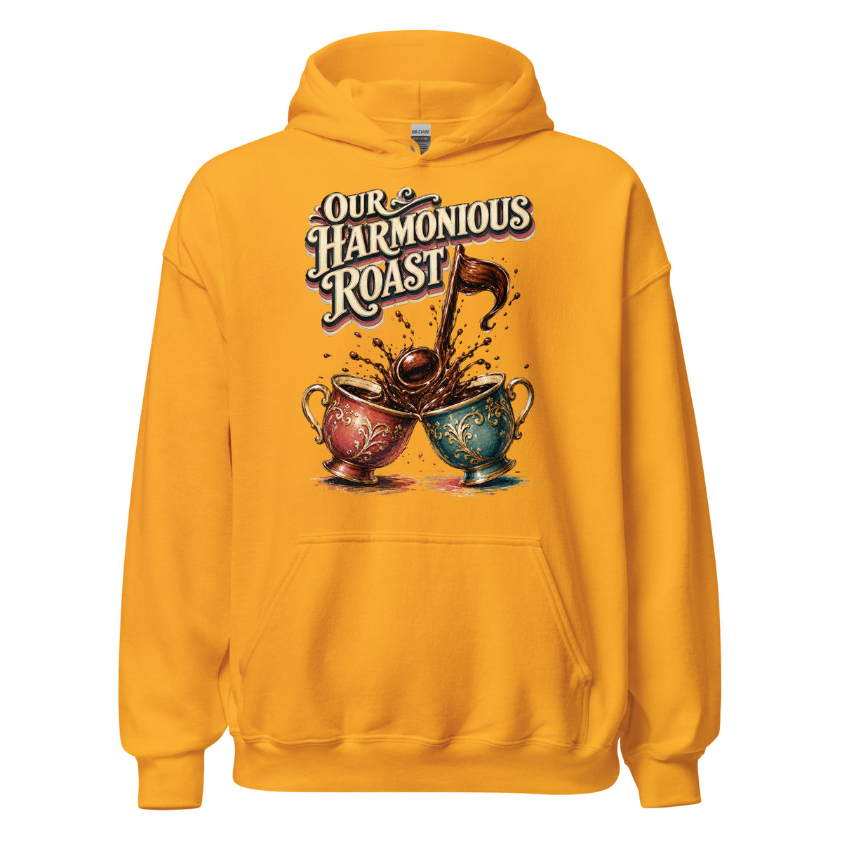 Coffee Lovers Unisex Hoodie Our Harmonious Roast – Musical Coffee Cups & Splatter Graphic Pullover by printfluence.net