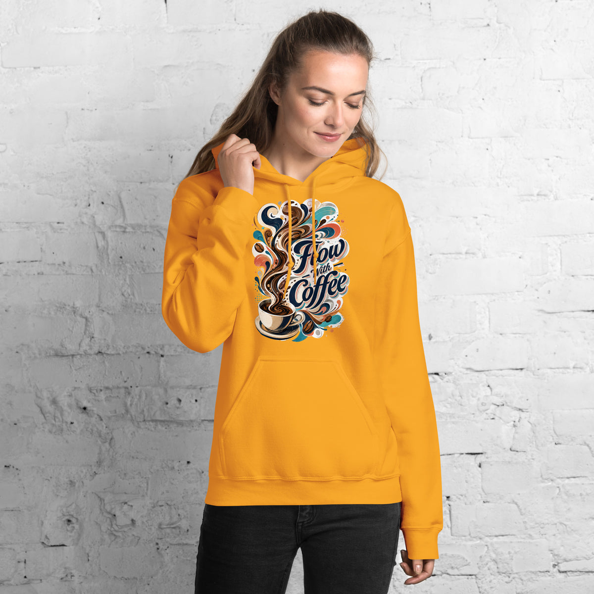 Coffee Lovers Unisex Hoodie Flow with Coffee – Abstract Swirl & Coffee Bean Graphic Pullover by printfluence.net