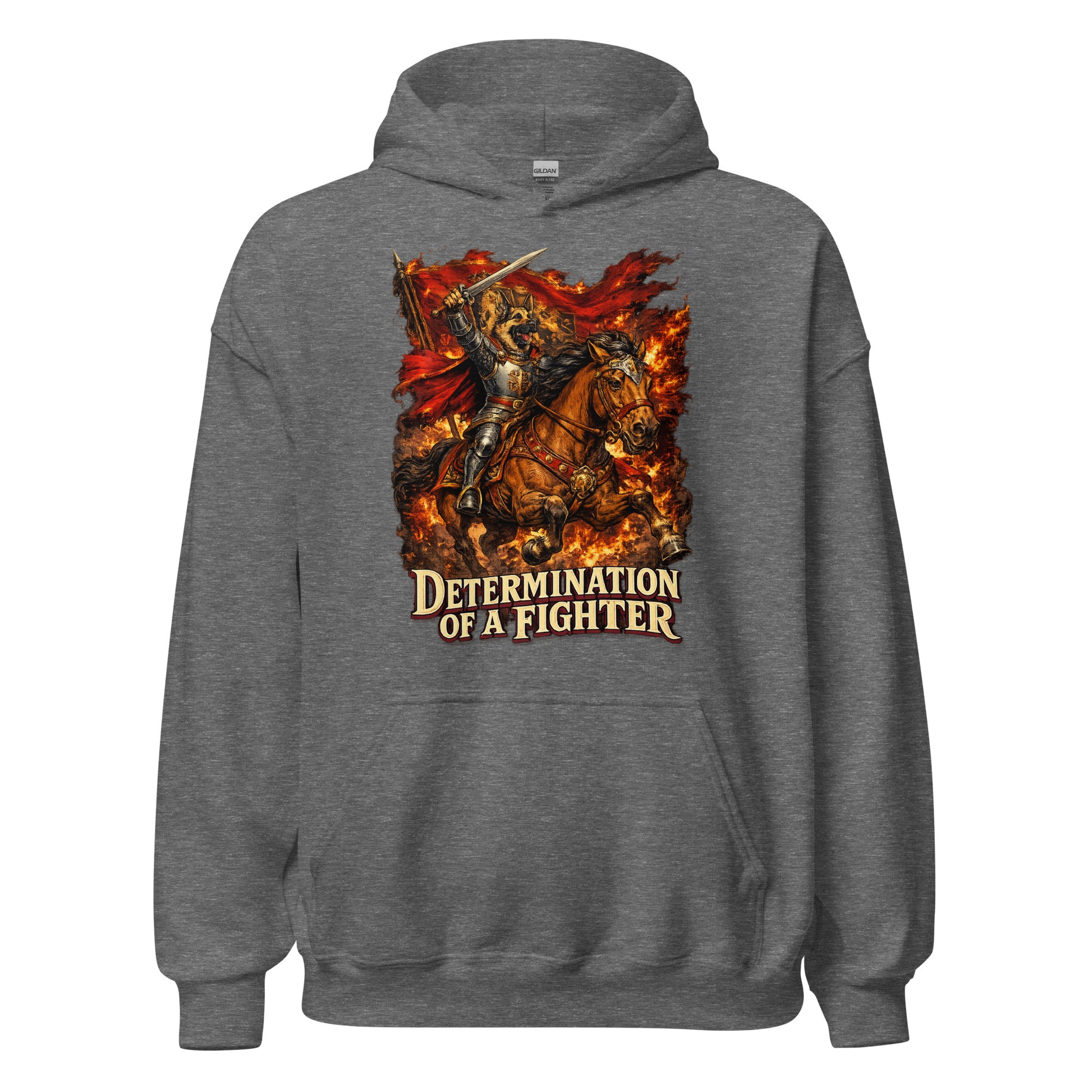 German Shepherd Lovers Unisex Hoodie | "Determination of a Fighter" Medieval Knight Graphic Sweatshirt by printfluence.net