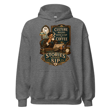 Coffee Lovers Unisex Hoodie Stories in Every Sip – Vintage Gentleman & Intellectual Coffee Graphic Pullover by printfluence.net