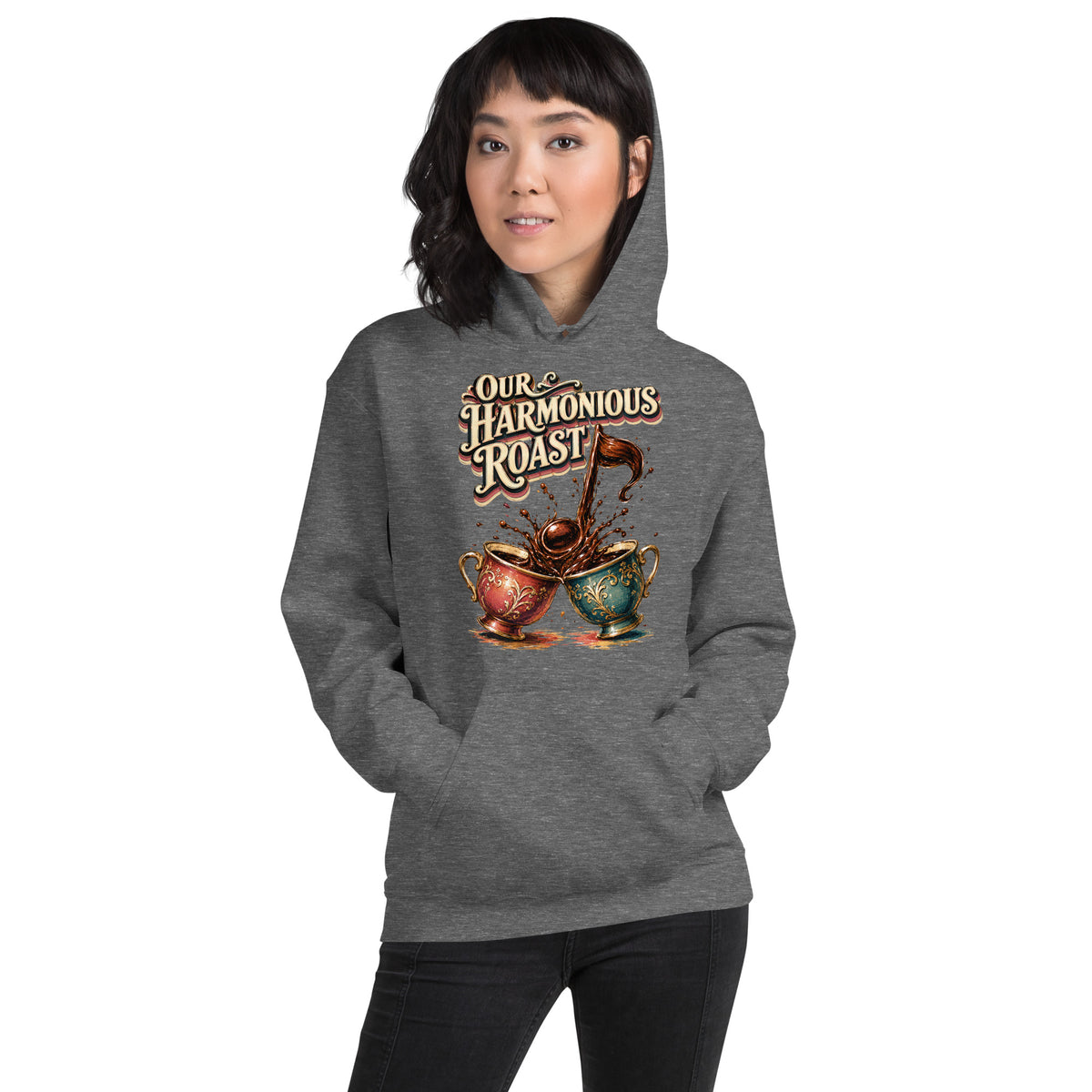 Coffee Lovers Unisex Hoodie Our Harmonious Roast – Musical Coffee Cups & Splatter Graphic Pullover by printfluence.net