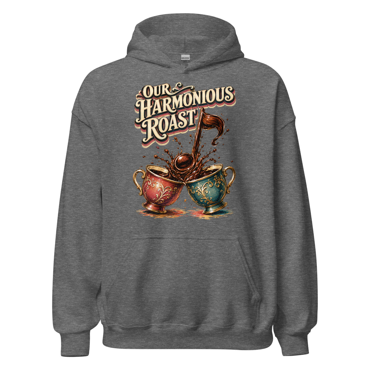 Coffee Lovers Unisex Hoodie Our Harmonious Roast – Musical Coffee Cups & Splatter Graphic Pullover by printfluence.net