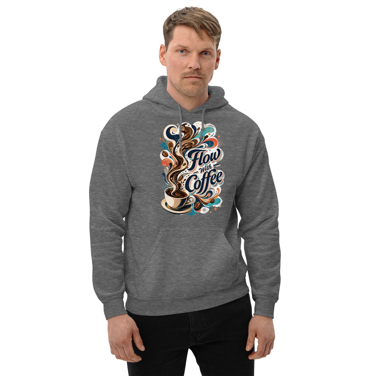 Coffee Lovers Unisex Hoodie Flow with Coffee – Abstract Swirl & Coffee Bean Graphic Pullover by printfluence.net