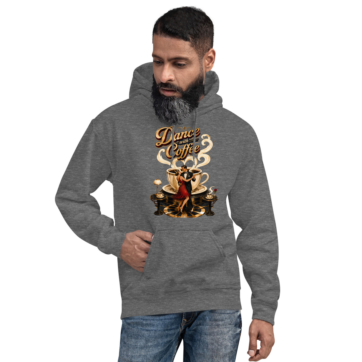 Coffee Lovers Unisex Hoodie Dance with Coffee – Art Deco Dancer & Giant Cup Graphic Pullover by printfluence.net