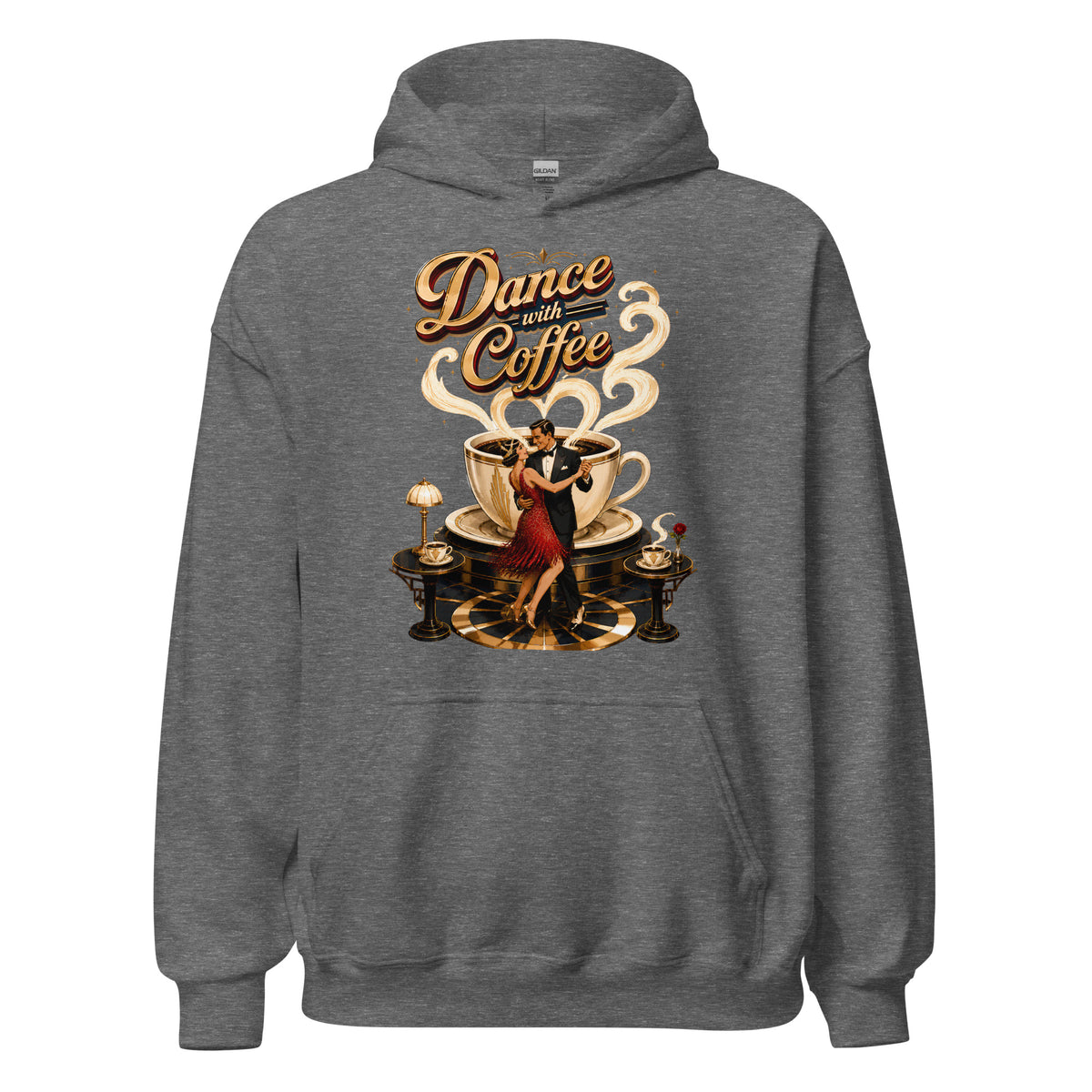 Coffee Lovers Unisex Hoodie Dance with Coffee – Art Deco Dancer & Giant Cup Graphic Pullover by printfluence.net