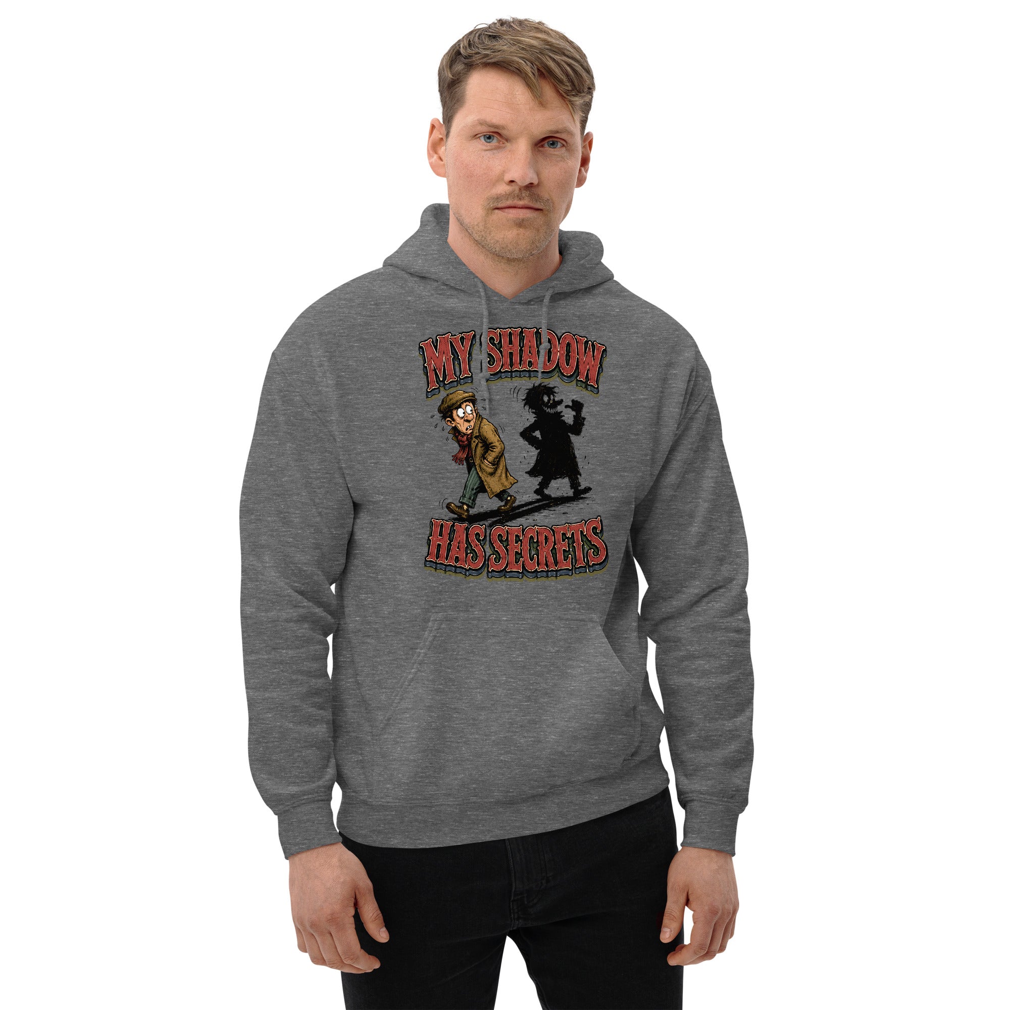 Horror & Mystery Lovers Unisex Heavyweight Fleece Hoodie with "My Shadow Has Secrets" Design by printfluence.net