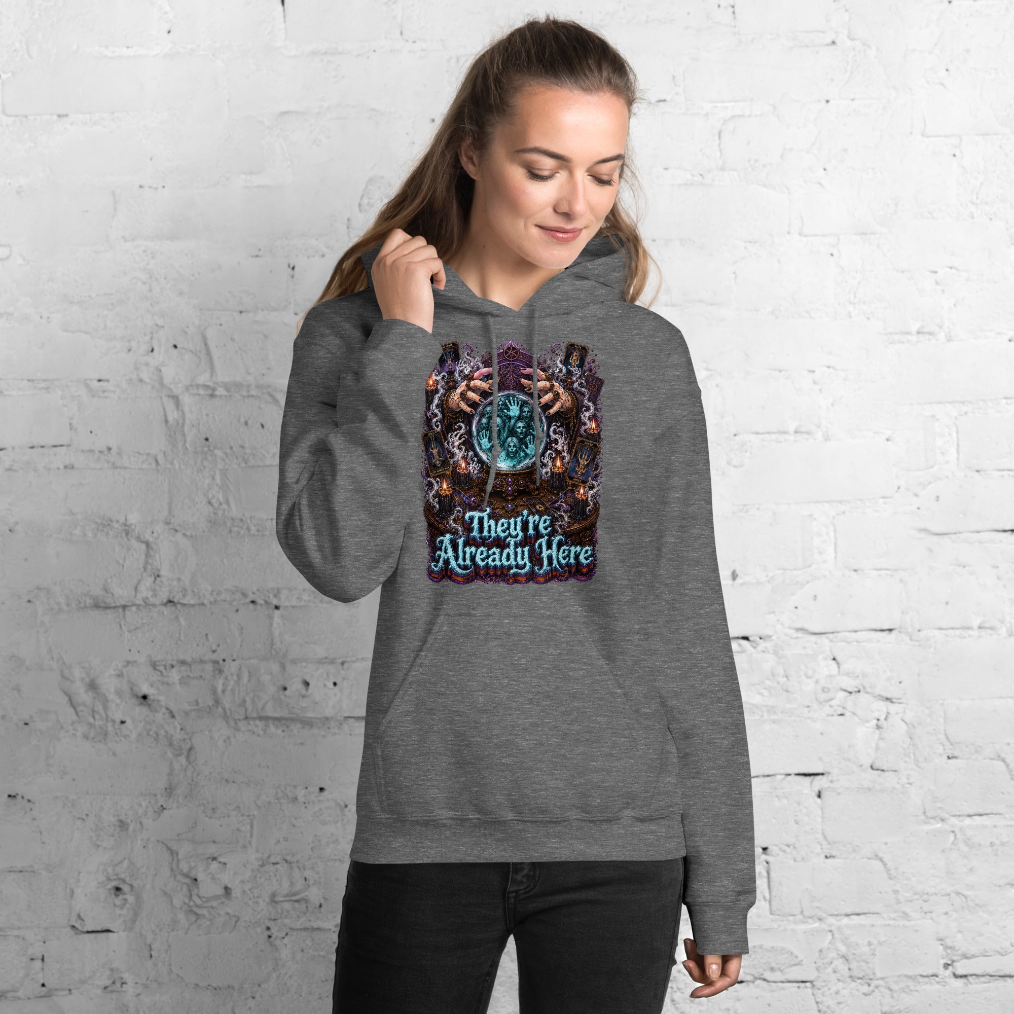 Horror and Mystery Lovers Unisex Heavy Blend Hoodie — "They're Already Here" Fortune Teller Crystal Ball and Tarot Design by printfluence.net