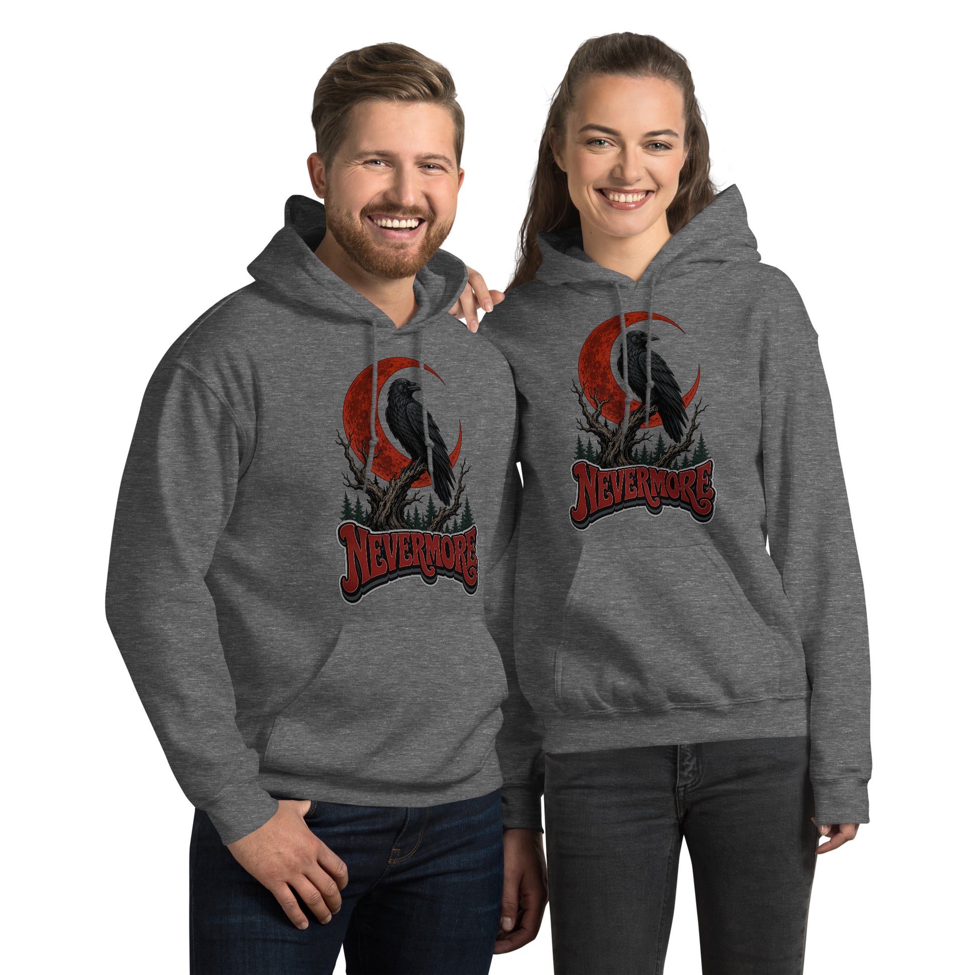 Horror & Mystery Lovers Unisex Heavy Blend Hoodie — "Nevermore" Blood Moon Raven and Dead Tree Design by printfluence.net