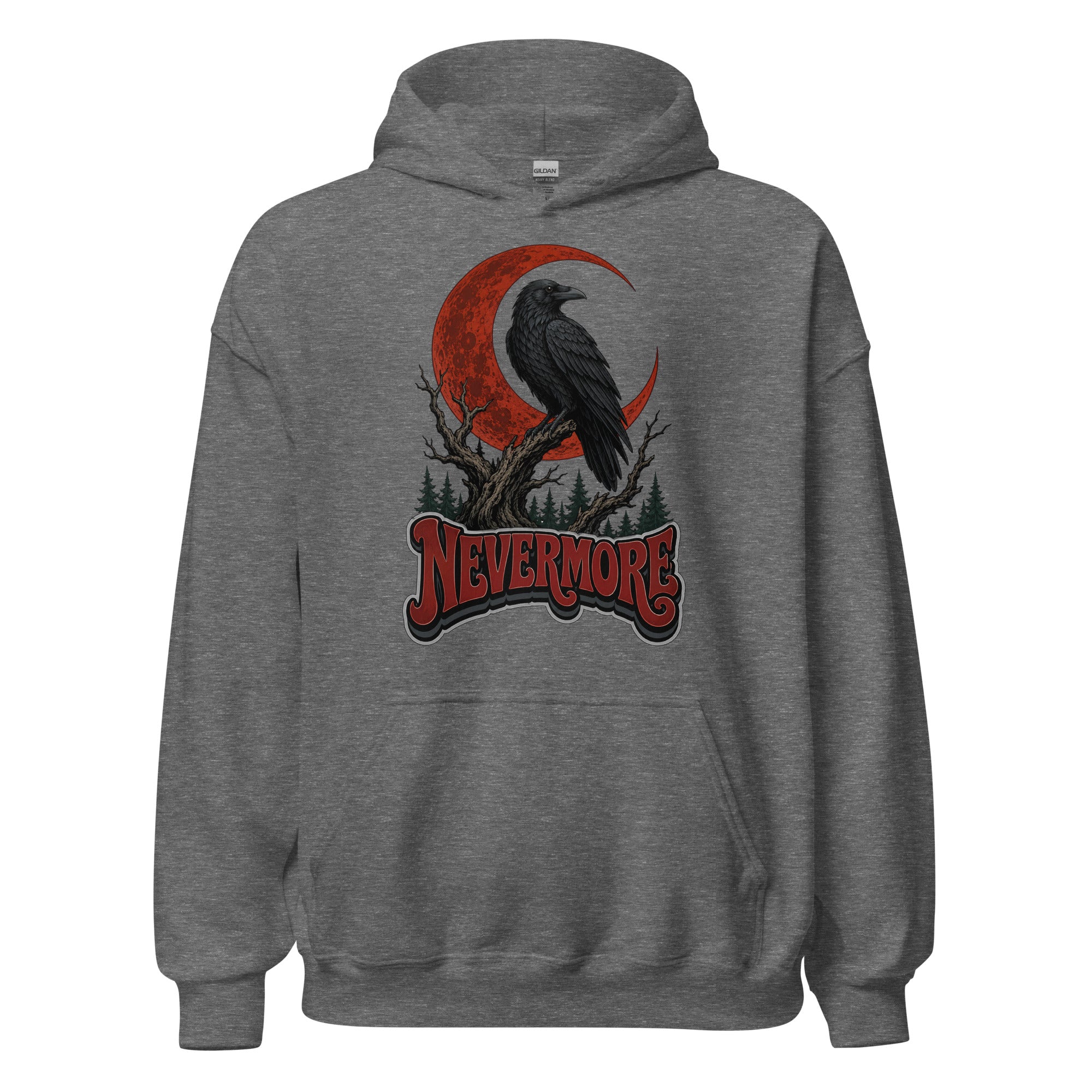 Horror & Mystery Lovers Unisex Heavy Blend Hoodie — "Nevermore" Blood Moon Raven and Dead Tree Design by printfluence.net