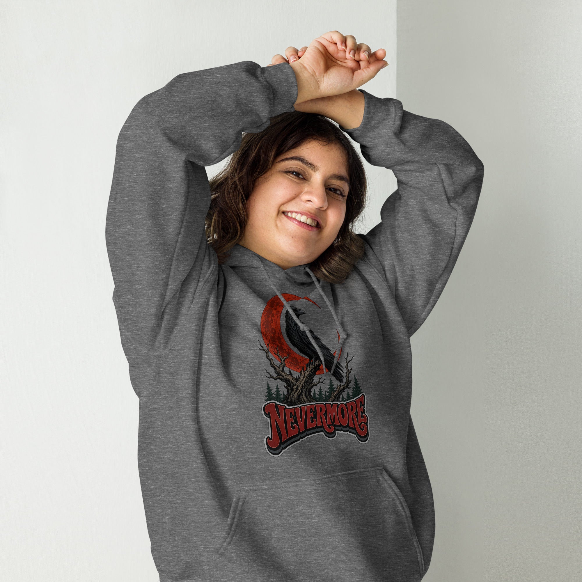 Horror & Mystery Lovers Unisex Heavy Blend Hoodie — "Nevermore" Blood Moon Raven and Dead Tree Design by printfluence.net