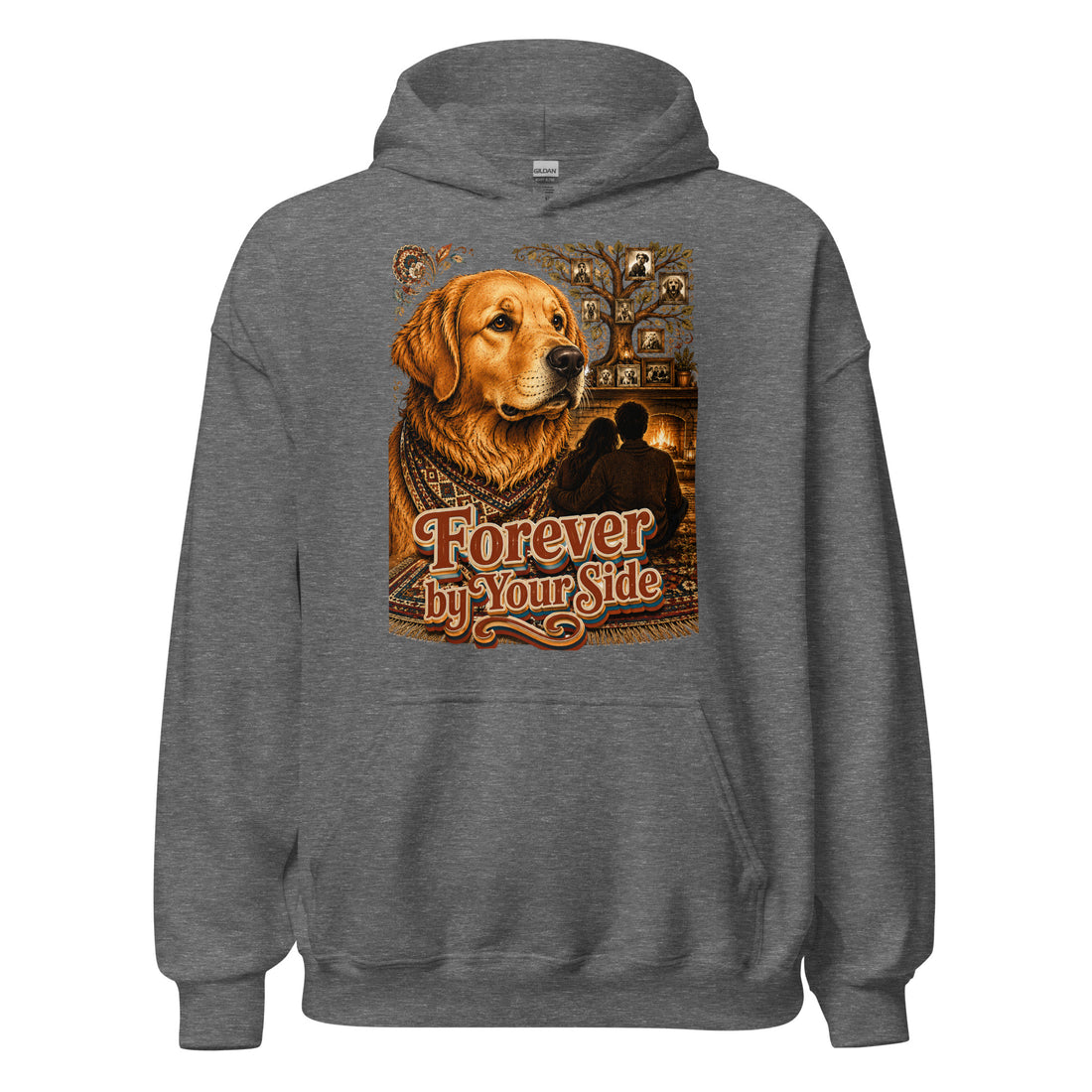 Golden Retriever Lovers Unisex Heavy Blend Hoodie — "Forever by Your Side" Family Tree and Fireside Dog Design by printfluence.net