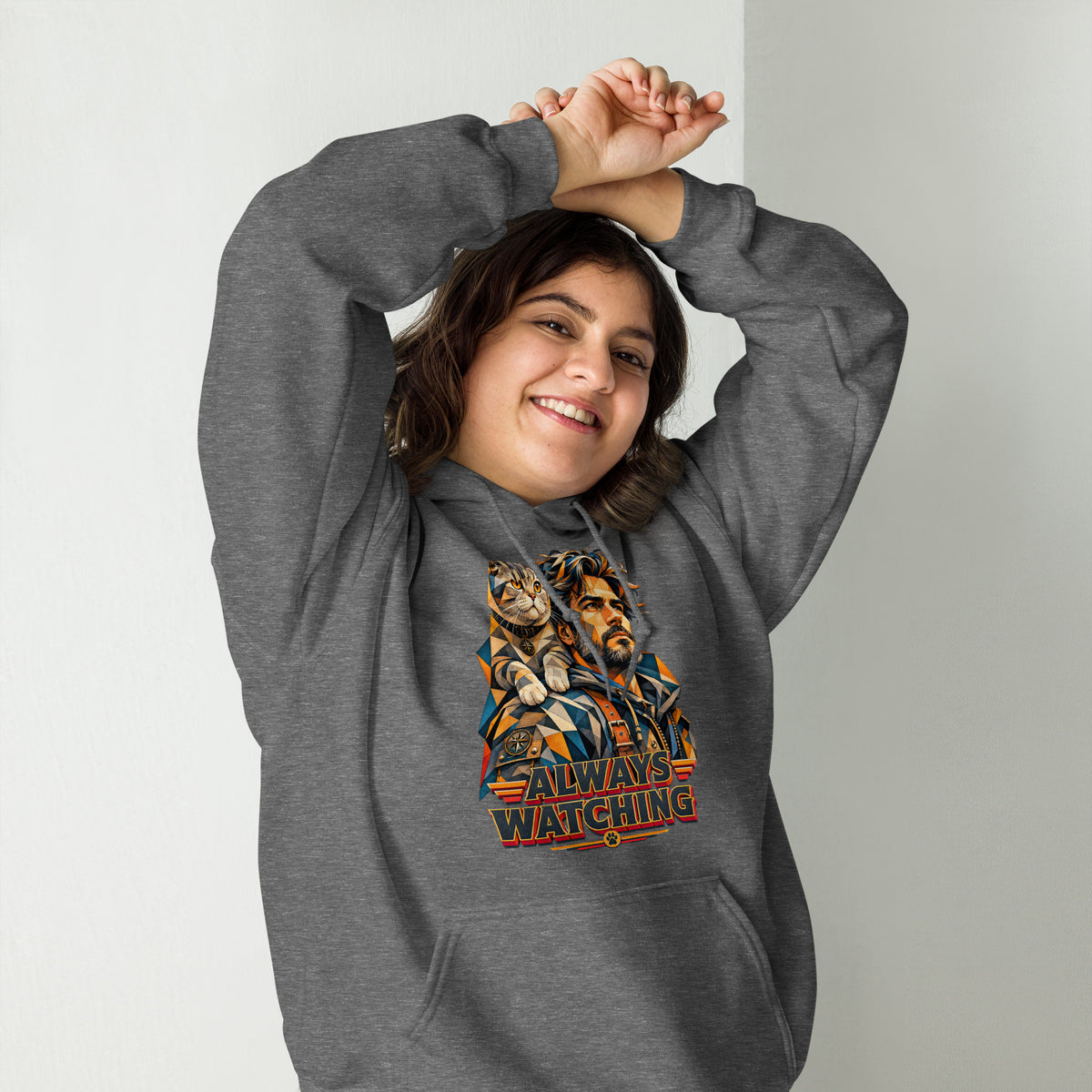 Cat Lovers Unisex Heavy Blend Hoodie – Scottish Fold "Always Watching" Geometric Cat Design by printfluence.net