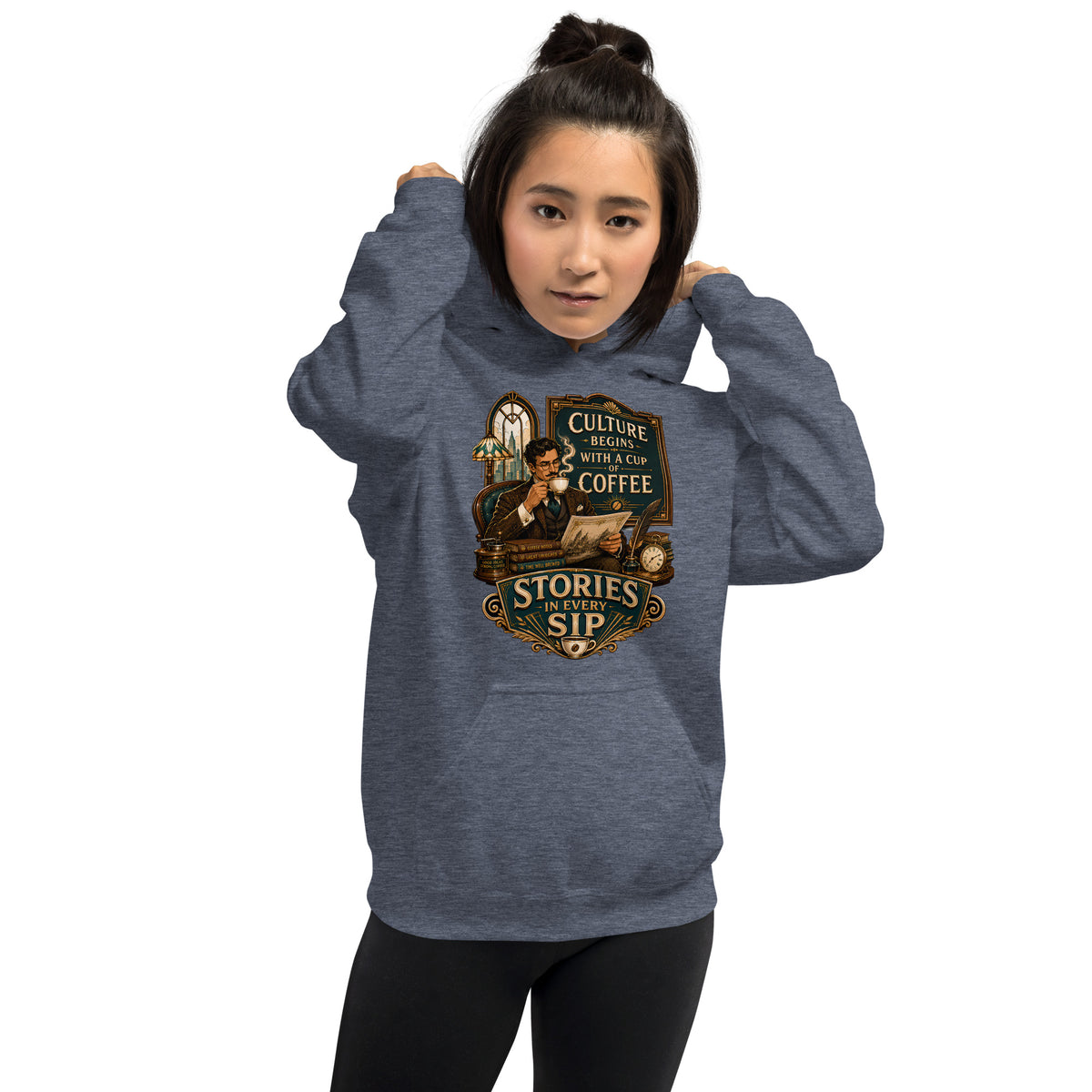 Coffee Lovers Unisex Hoodie Stories in Every Sip – Vintage Gentleman & Intellectual Coffee Graphic Pullover by printfluence.net