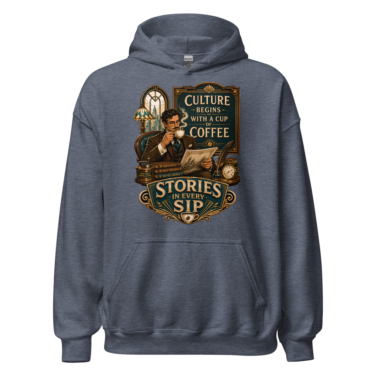 Coffee Lovers Unisex Hoodie Stories in Every Sip – Vintage Gentleman & Intellectual Coffee Graphic Pullover by printfluence.net