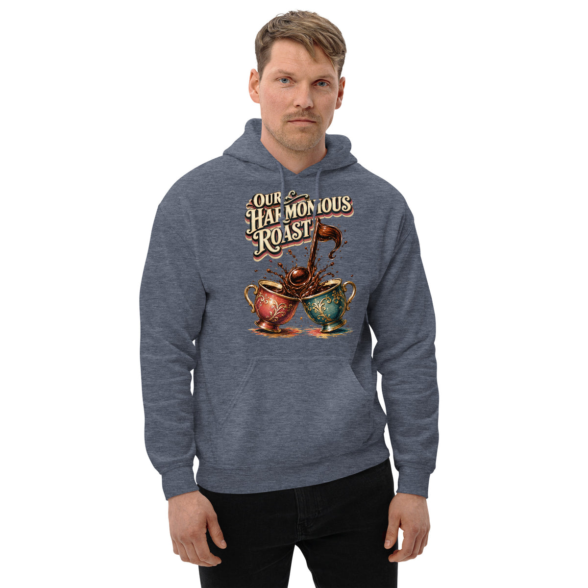 Coffee Lovers Unisex Hoodie Our Harmonious Roast – Musical Coffee Cups & Splatter Graphic Pullover by printfluence.net
